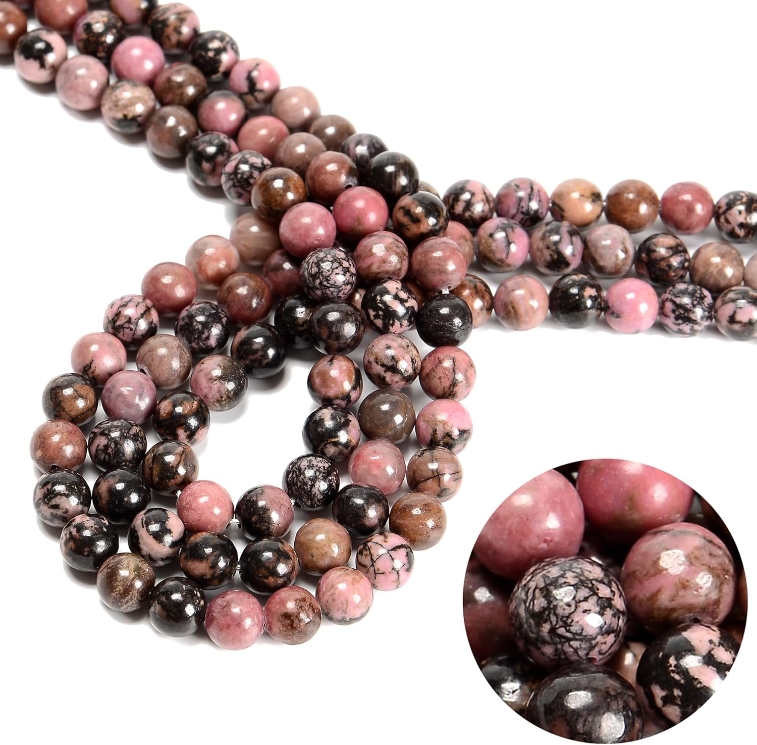 94Pcs(2 Strand/Set) 8mm Black Stripe Rhodochrosite Natural Stone Beads Round Gemstone Genuine Real Stone Loose for DIY Bracelet Jewelry String Making