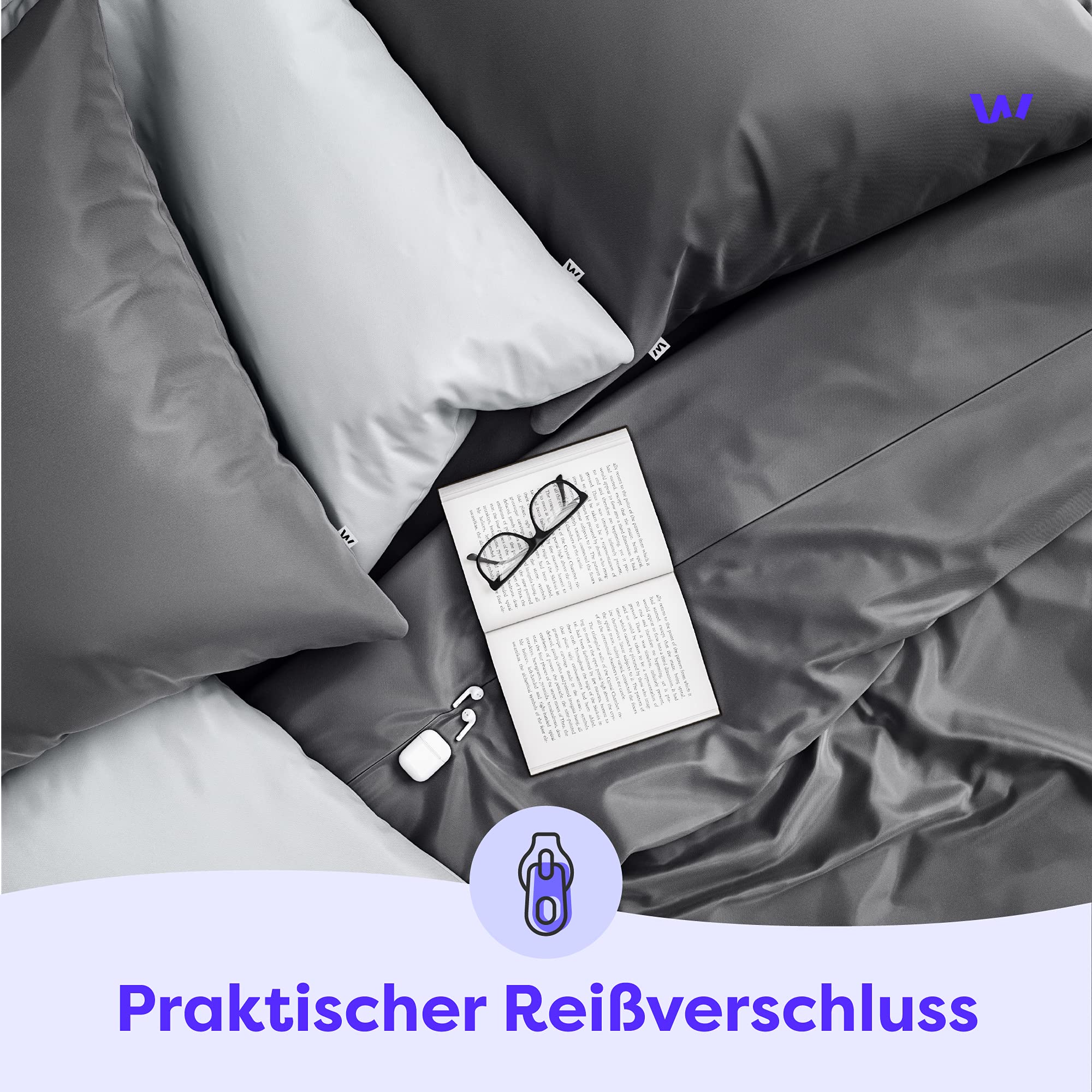 Wolkenfeld Satin Bettwäsche 135x200 4teilig - 100% Baumwolle - Traumhaft weiches Mako Satin - Bettwäsche-Set - 2X Bettbezug 135 x 200 + 2X Kissenbezug 80x80 - Anthrazit Grau