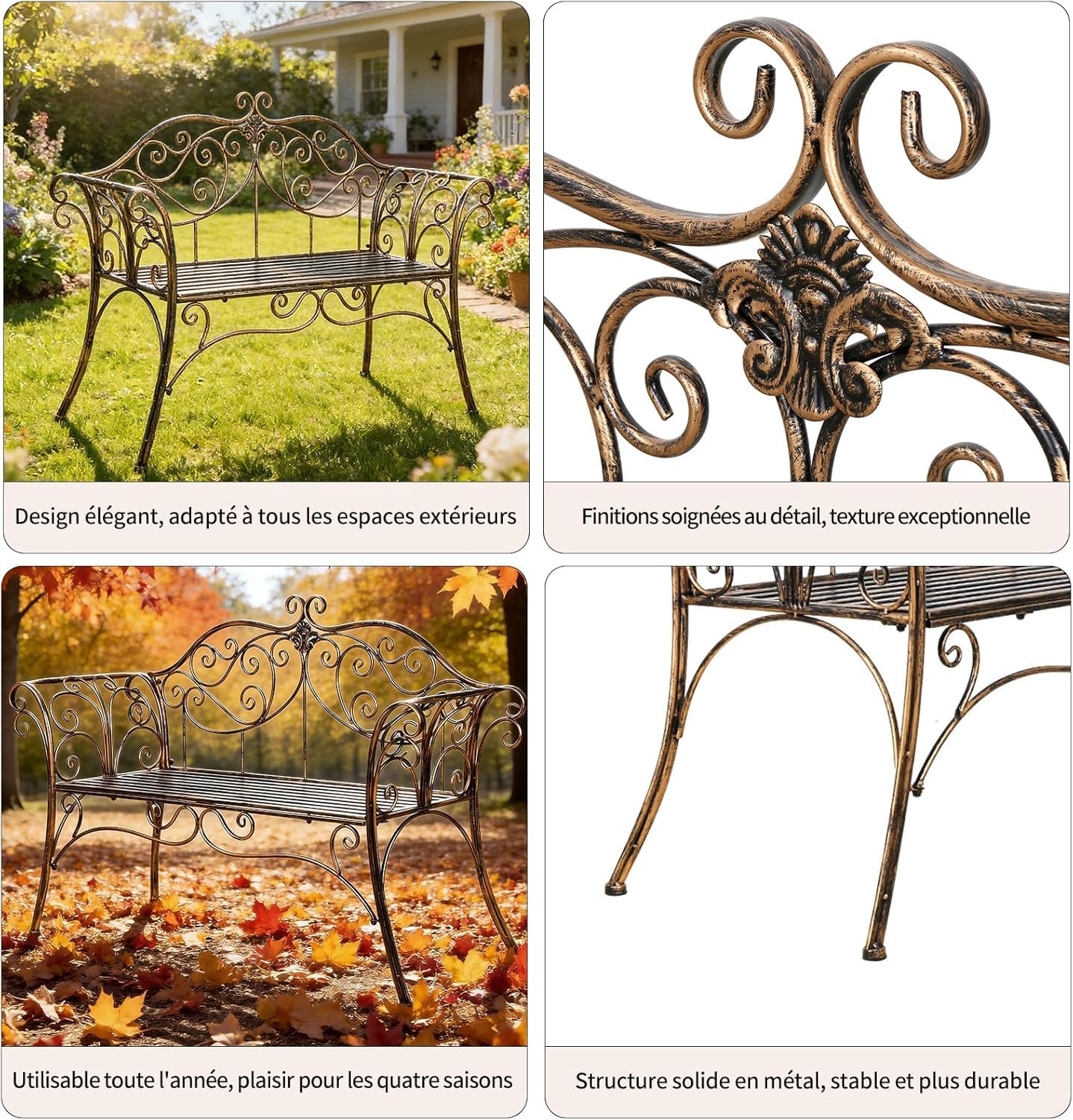Banc de jardin rétro en métal, 2 places, design incurvé, 250 kg (bronze vieilli)