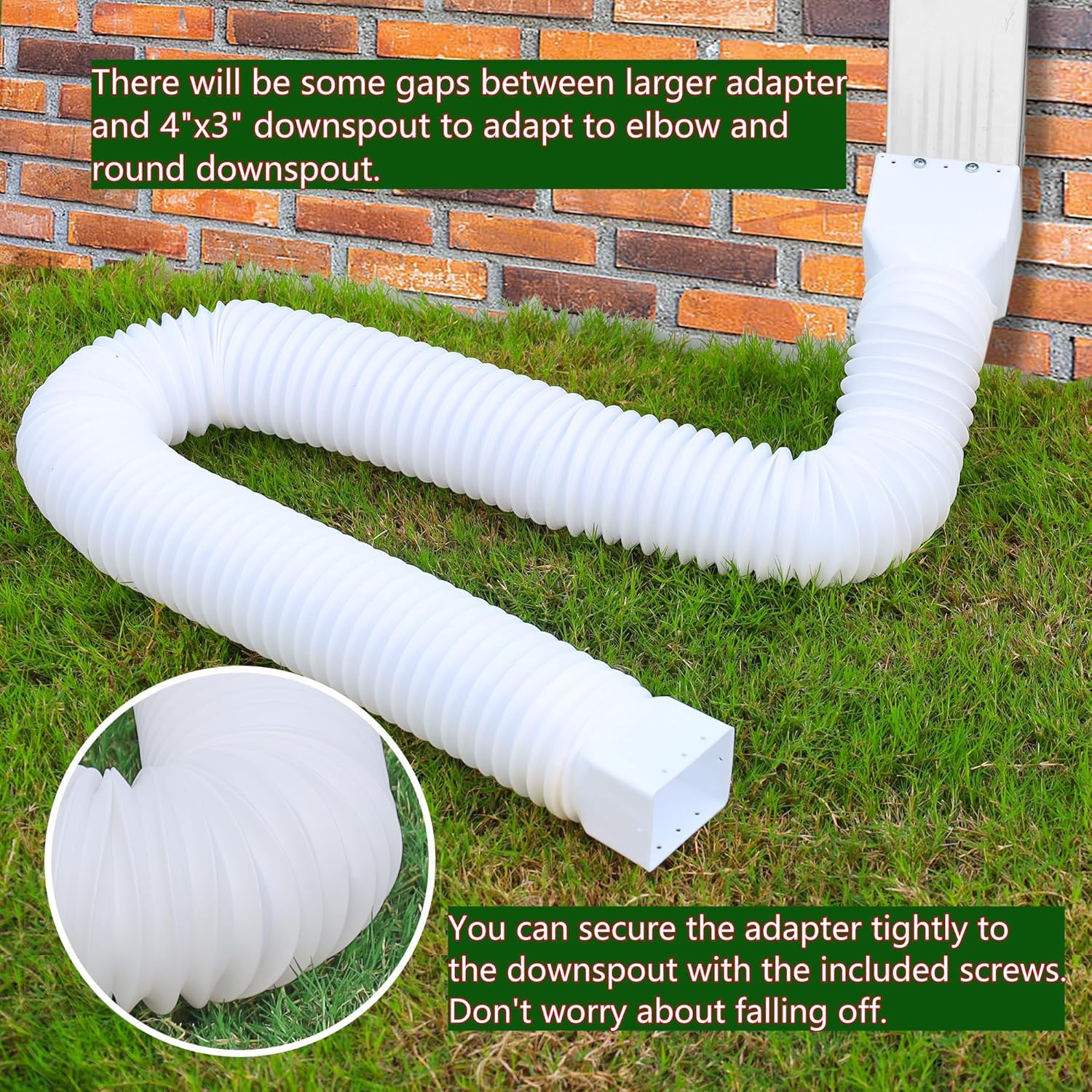 Paquete de 2 extensiones de canalón de lluvia, extensor de desagüe flexible mejorado, desviador de drenaje de agua de lluvia con mini conector, extensible de 20 a 127 pulgadas
