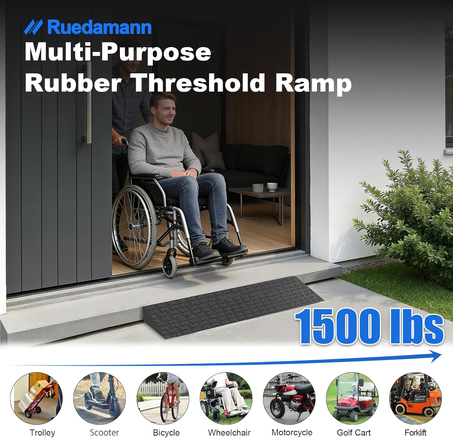 Ruedamann 1.8" Rise Threshold Ramps for Doorways, Sturdy Rubber Threshold Ramp, Non-Slip Ramp for Wheelchair for Home, Adjustable and Cuttable for Wheelchairs, Scooters, Sweepers, Curbs