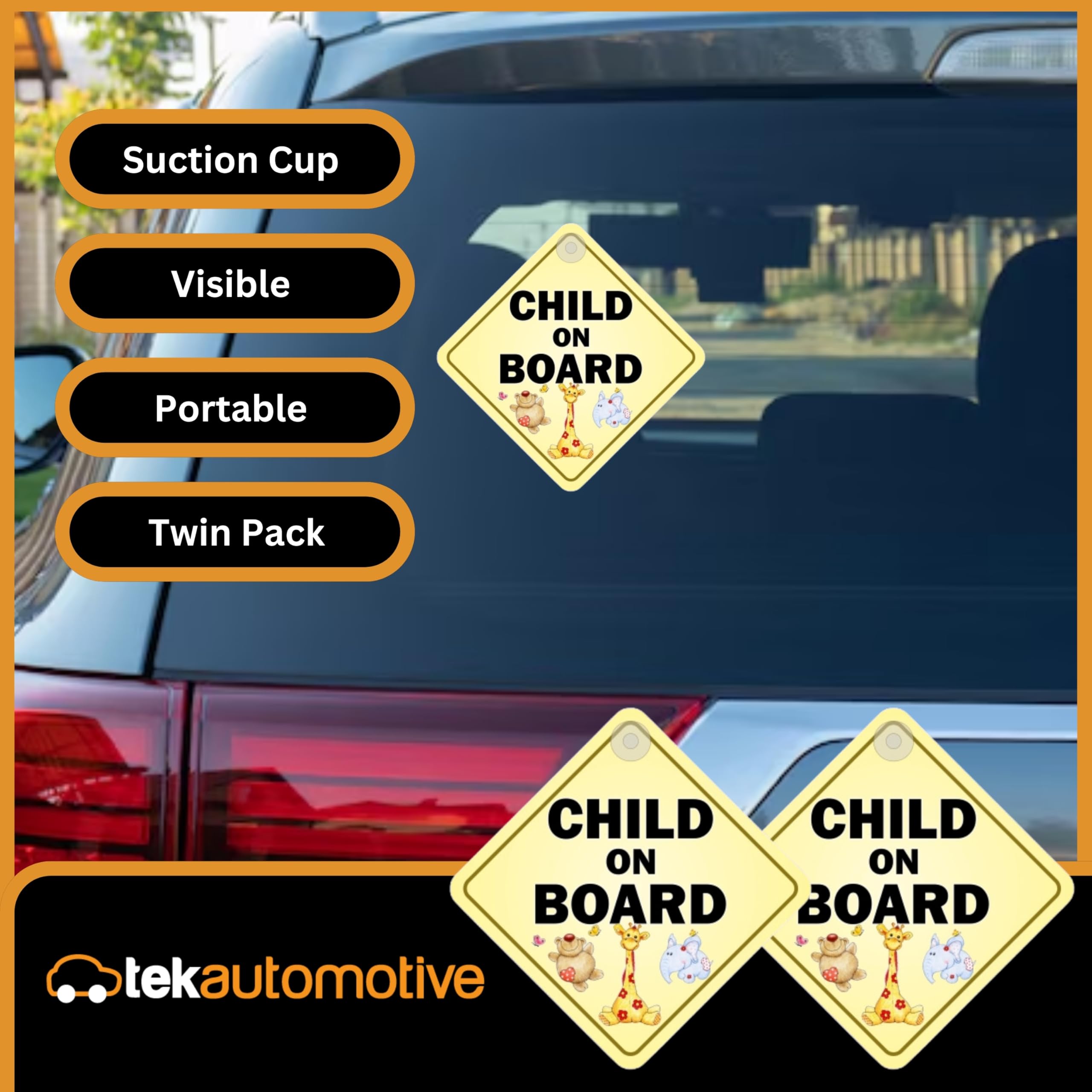 Tek Automotive Child on Board Car Sign, Twin Pack, 14x14cm Screen Printed Vinyl - Image 2