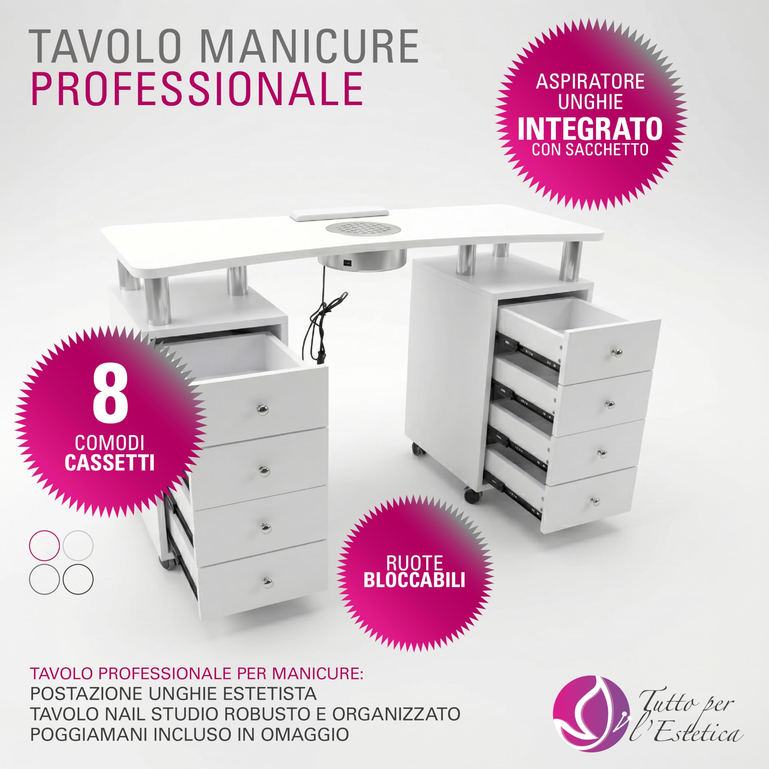 Tavolo Manicure + Aspiratore Professionale Filtro Tondo, Con 8 Cassetti – Postazione Unghie Estetista con Ruote Bloccabili, Poggiamani Incluso, Tavolo Nail Studio Robusto e Organizzato, 122x48x77 cm