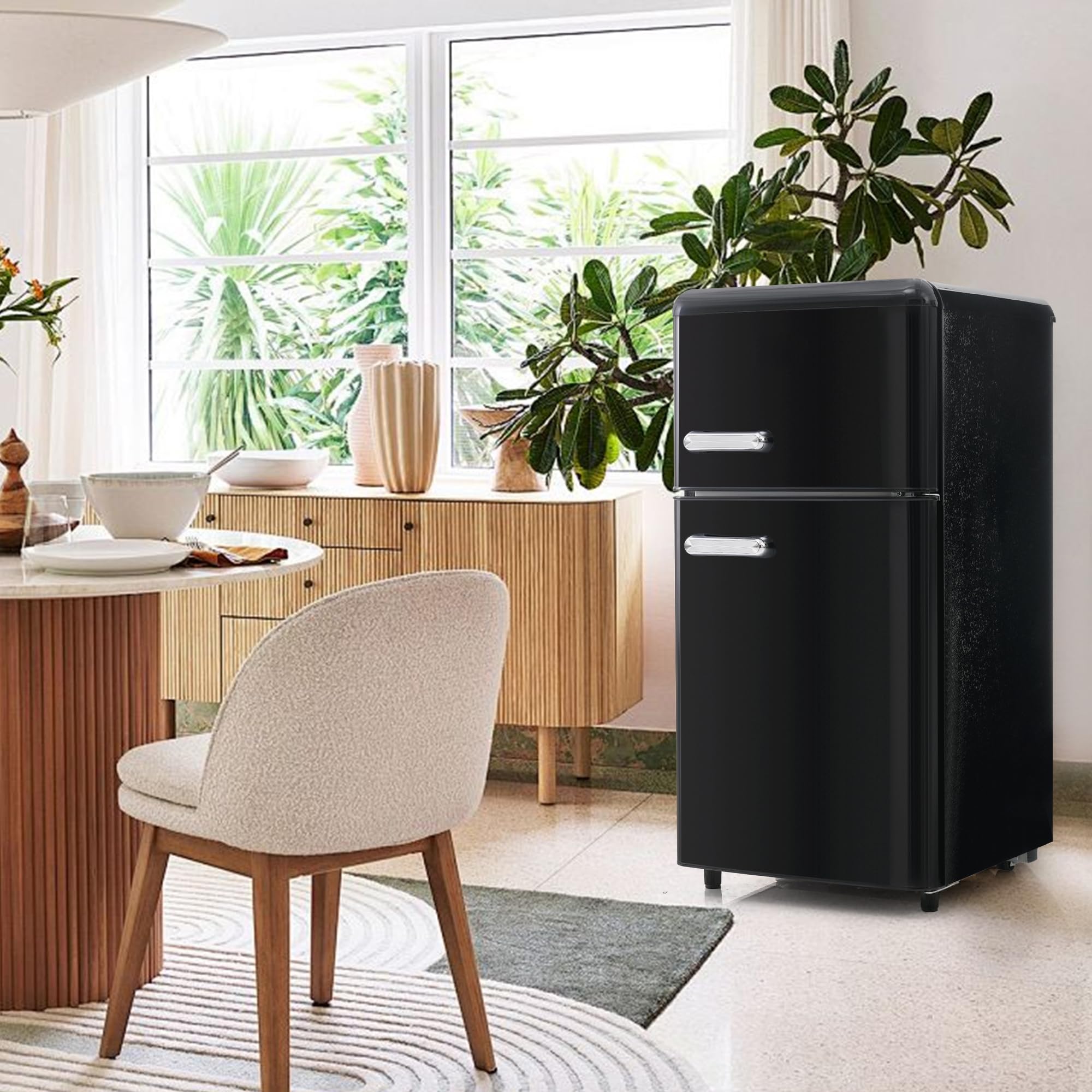 Merax Réfrigérateur rétro à double porte, 72 litres, avec compartiment congélateur de 21 litres, 120 kWh/an, éclairage LED - Noir