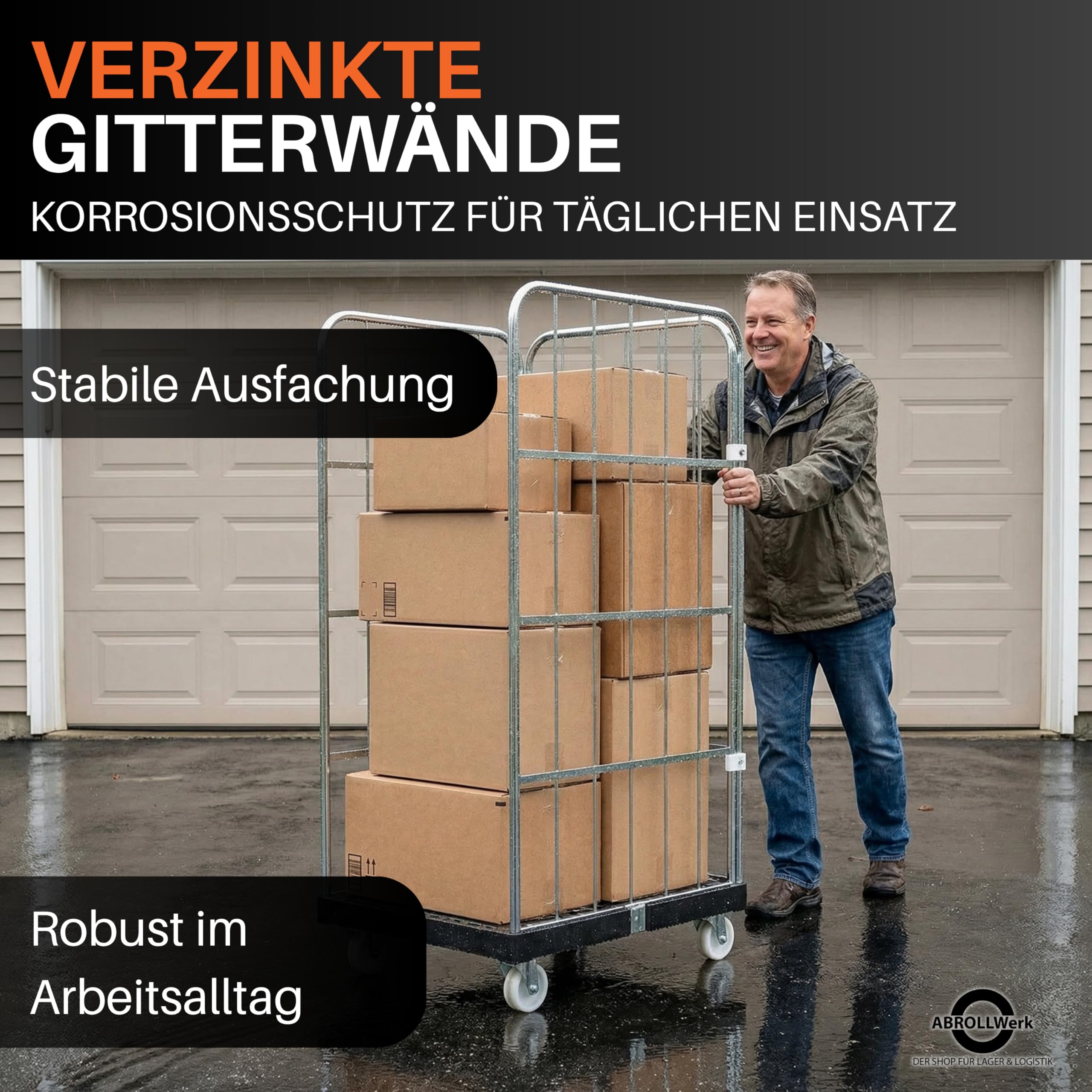 Rollbehälter 1350 mm Nutzhöhe (500 kg Traglast), Kunstoffplatte schwarz, 3-seitig, Maße 724 x 815 x 1530 mm – robuster Gitterwagen Typ Cr3-verzinkt für Garage, Lager, Transport und Logistik