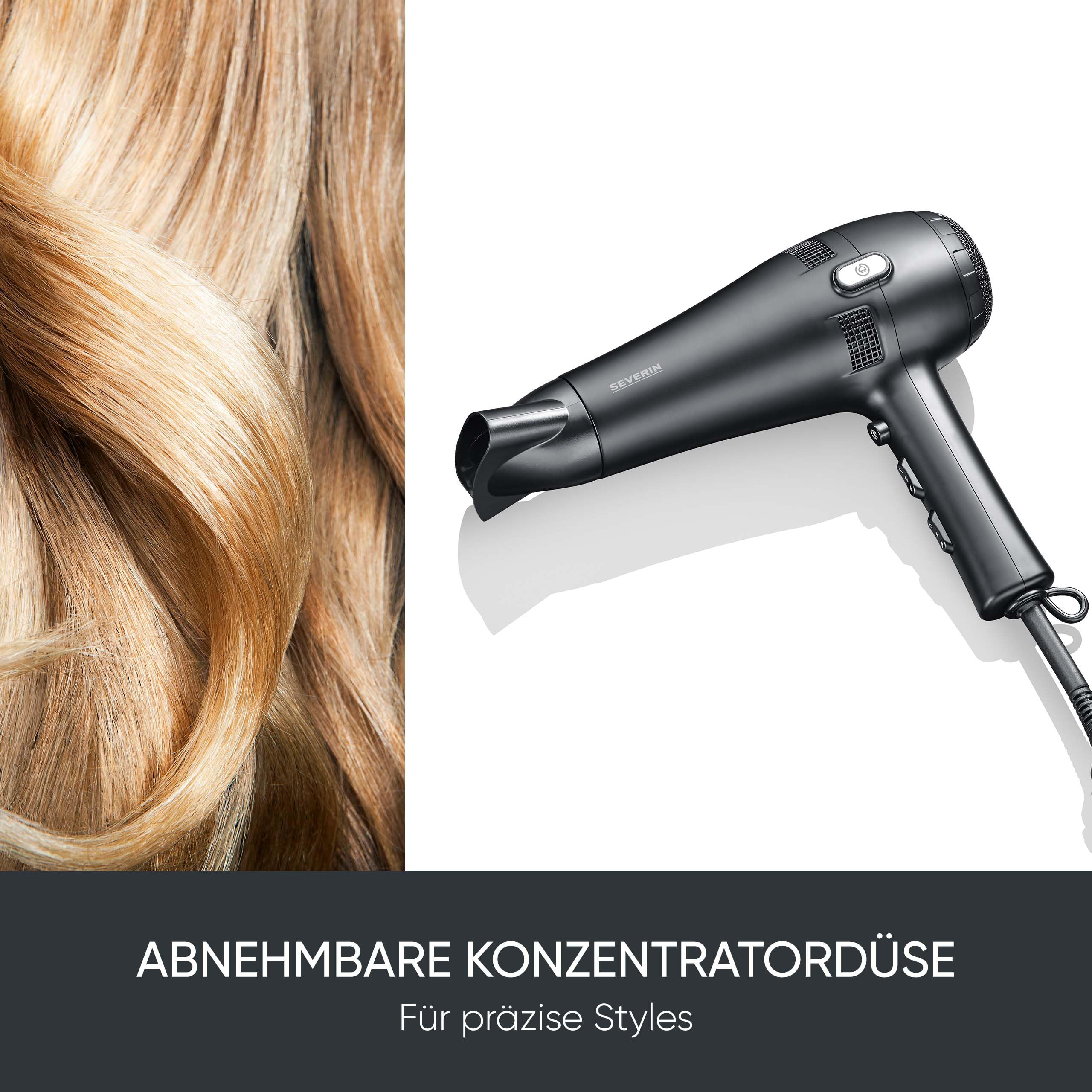 Severin Haartrockner mit Kabeleinzug, leistungsstarker Föhn mit Kaltlufttaste, inkl. Diffusor und Düse, 3 Heiz- & 2 Leistungsstufen, 1,8m Kabel, 2.100 Watt, schwarz, HT 0165