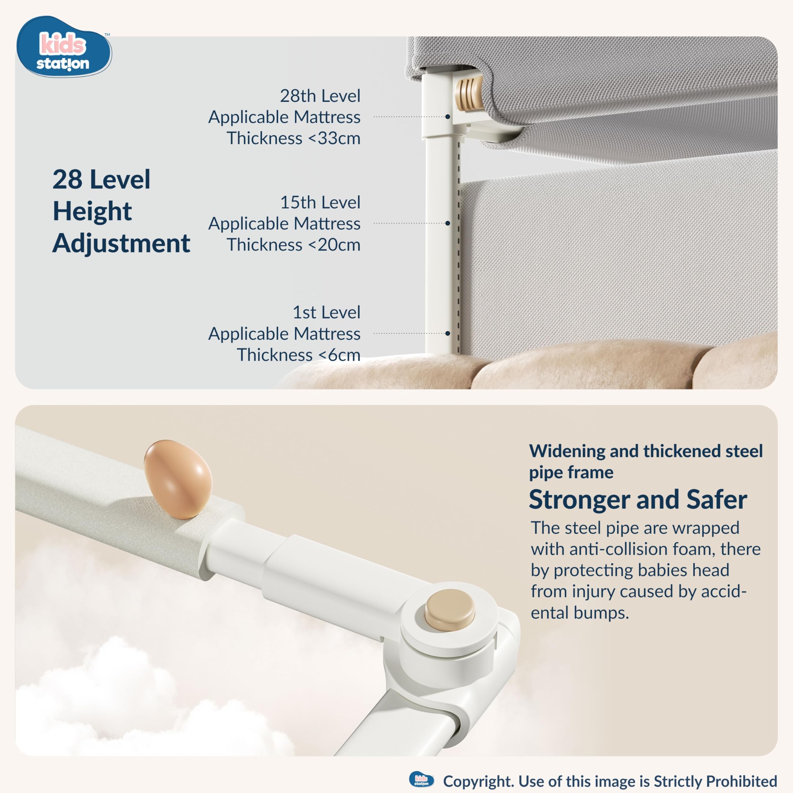 Kids Station Comfy Baby Safety Bed Rail – Foldable & Portable Guard Rail with 28-Level Adjustable Height (80cm) – 6.6ft x 6ft (200x180cm), 2 Side Fence – Made in India (Grey, Basic) - Image 6 thumbnail