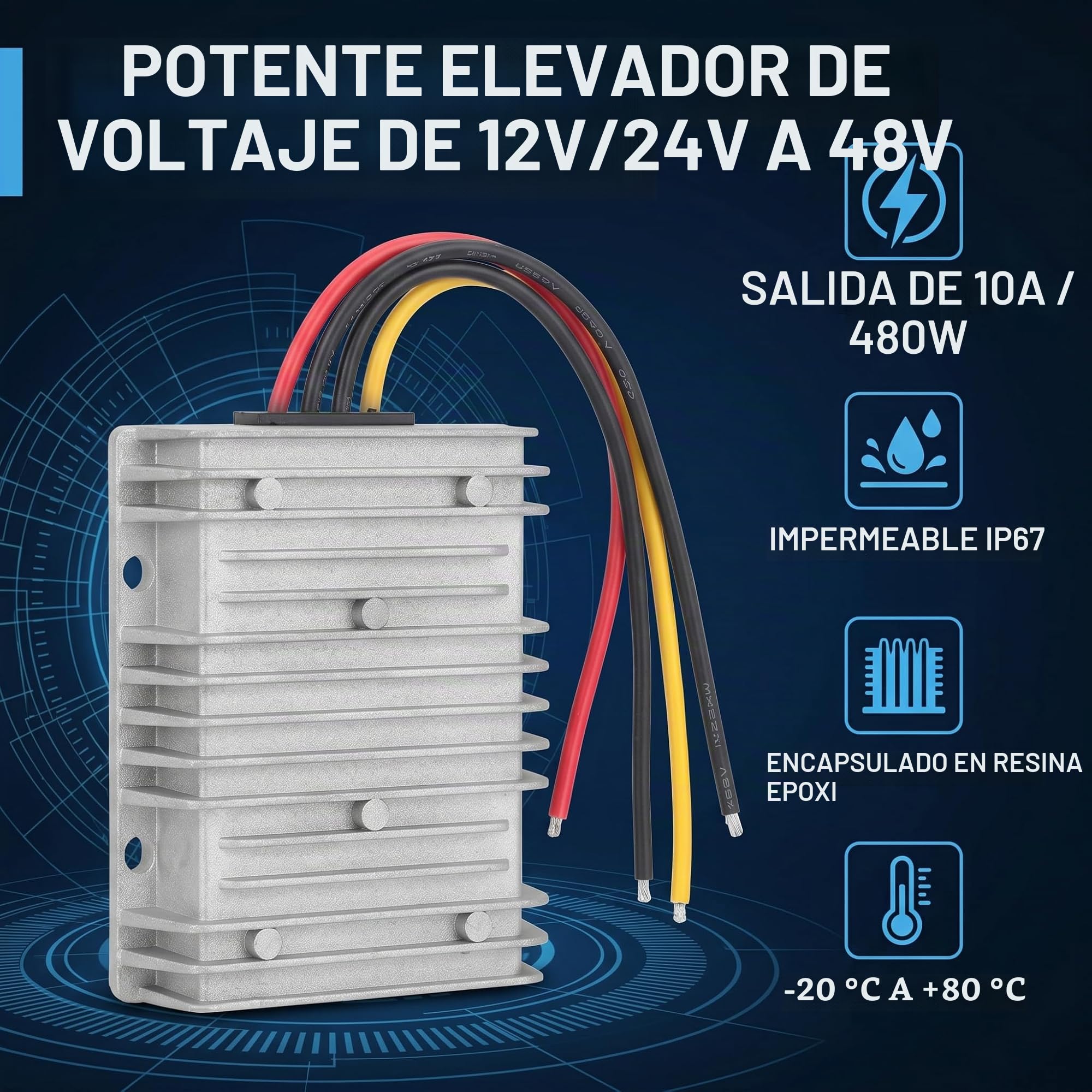 Convertidor elevador de CC a CC, regulador de voltaje impermeable de alta potencia de 480 W, transformador de 12 V/24 V a 48 V y 10 A para sistemas de seguridad de vehículos.