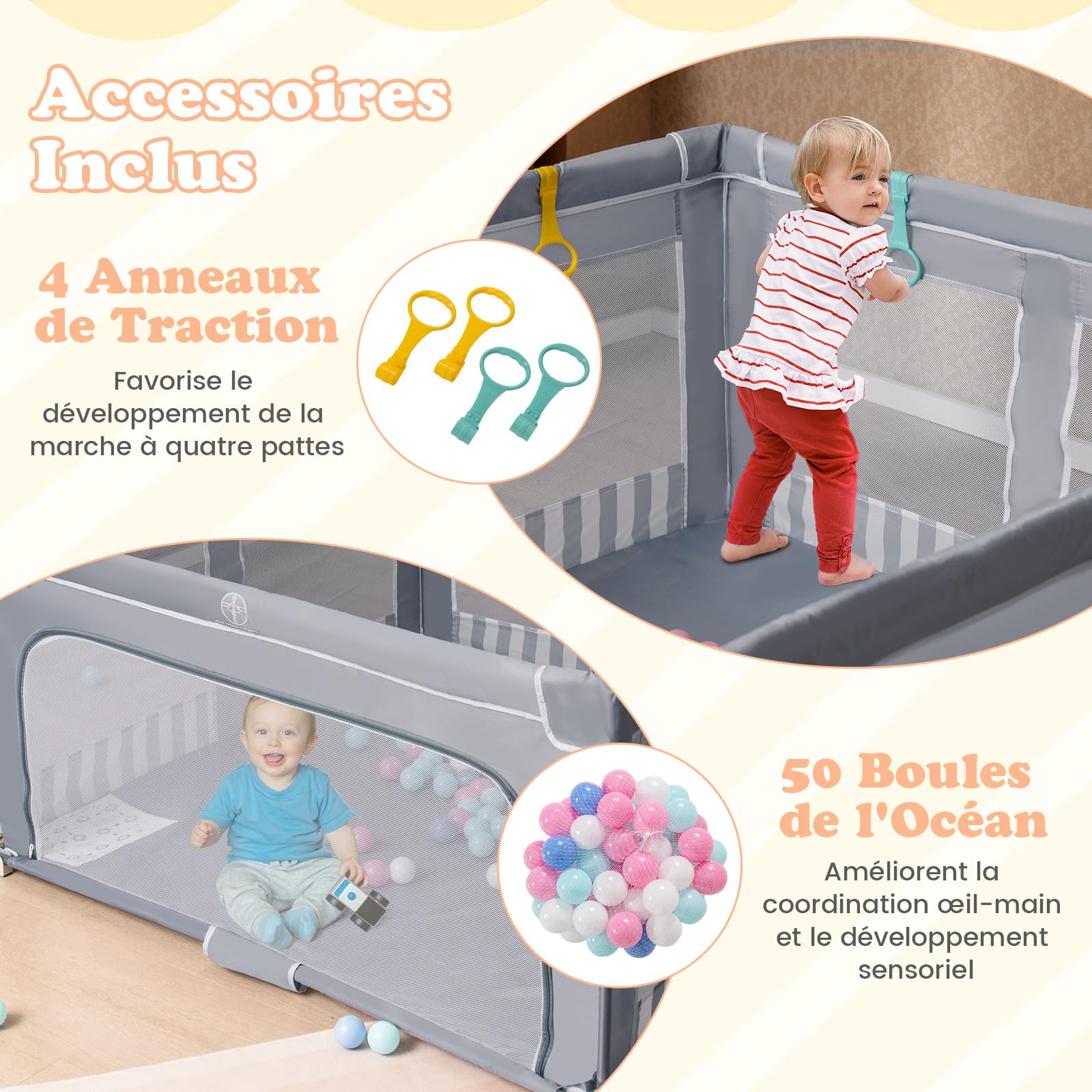 COSTWAY Parc Bebe Pliable avec 50 Balles Océaniques, 150 x 150 x 76,5 cm, Parc Enfant sans BPA pour Tout-petits, Filet Respirant, Portail Zippé, 4 Anneaux de Traction, Clôture Large en Oxford (Gris)