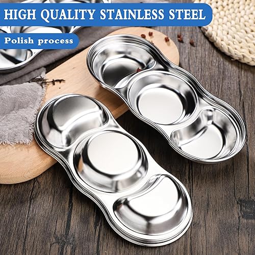 Miniatura 3 de Platos de salsa de acero inoxidable, 3 tazas de salsa, 3 compartimentos, cuencos de salsa de soja para el hogar, cocina, restaurante, barbacoa