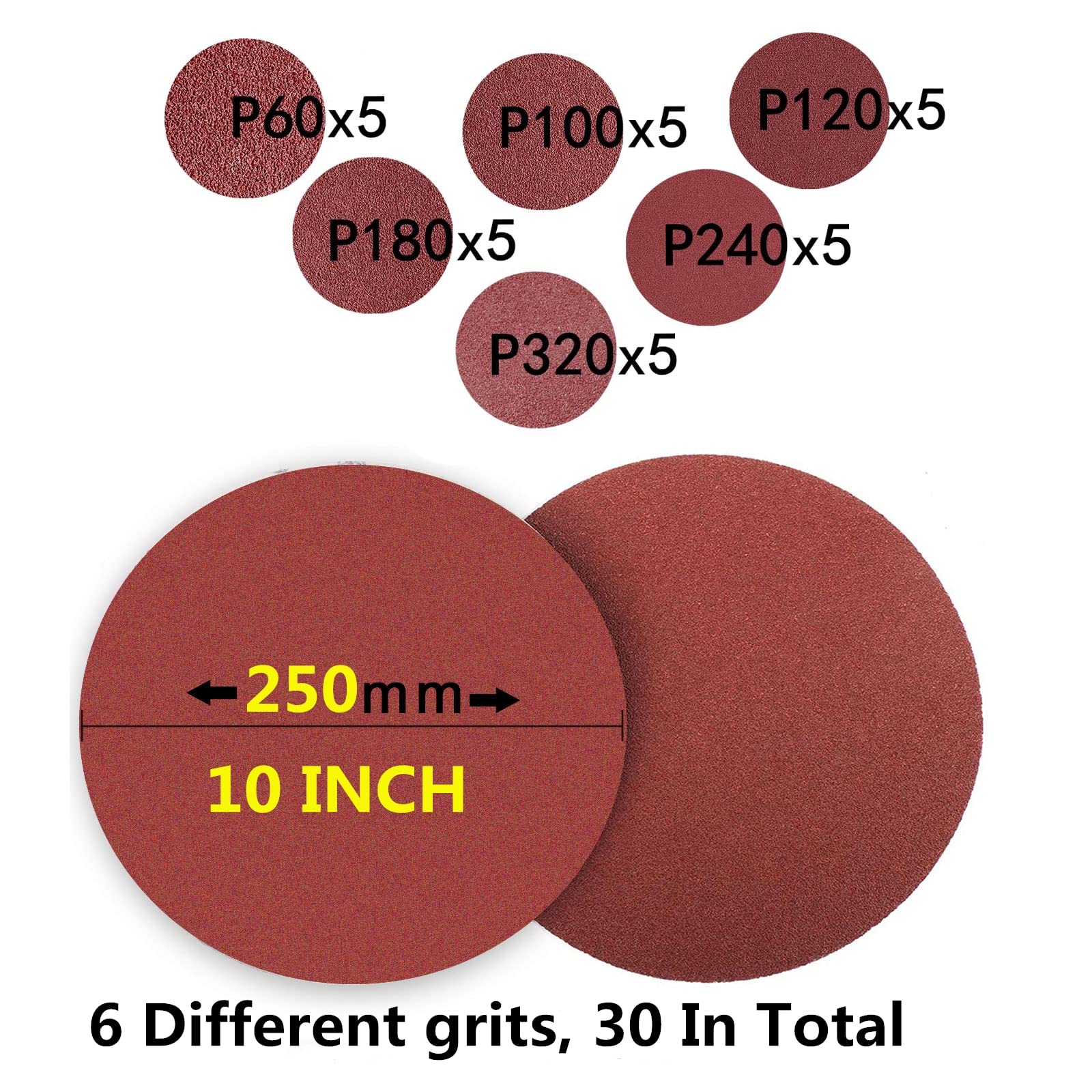 Disco de Lija, FEIHU 30 Piezas Discos de Pulir 250 mm Grano Cada5XP60/100/120/180/240/320, rojo sin perforar,papel de lija juego de platos de lija/Compatible con lijadoras de disco