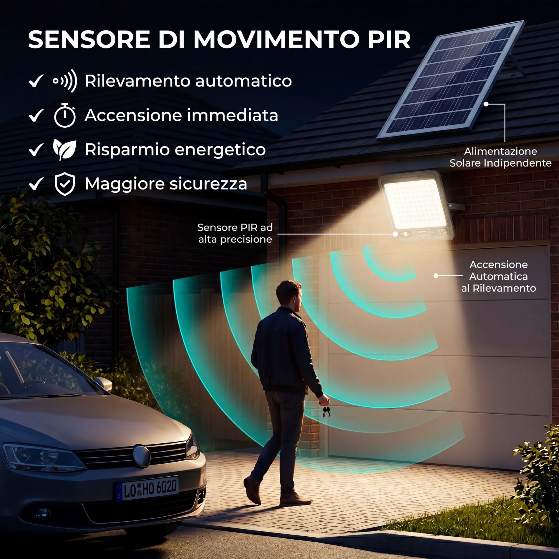 081 Store - Faro Solare LED 2000W con Pannello Solare Esterno 13W, 324 LED Ultra Luminosi, Sensore di Movimento PIR, Telecomando, Batteria 10800mAh, IP66 Impermeabile