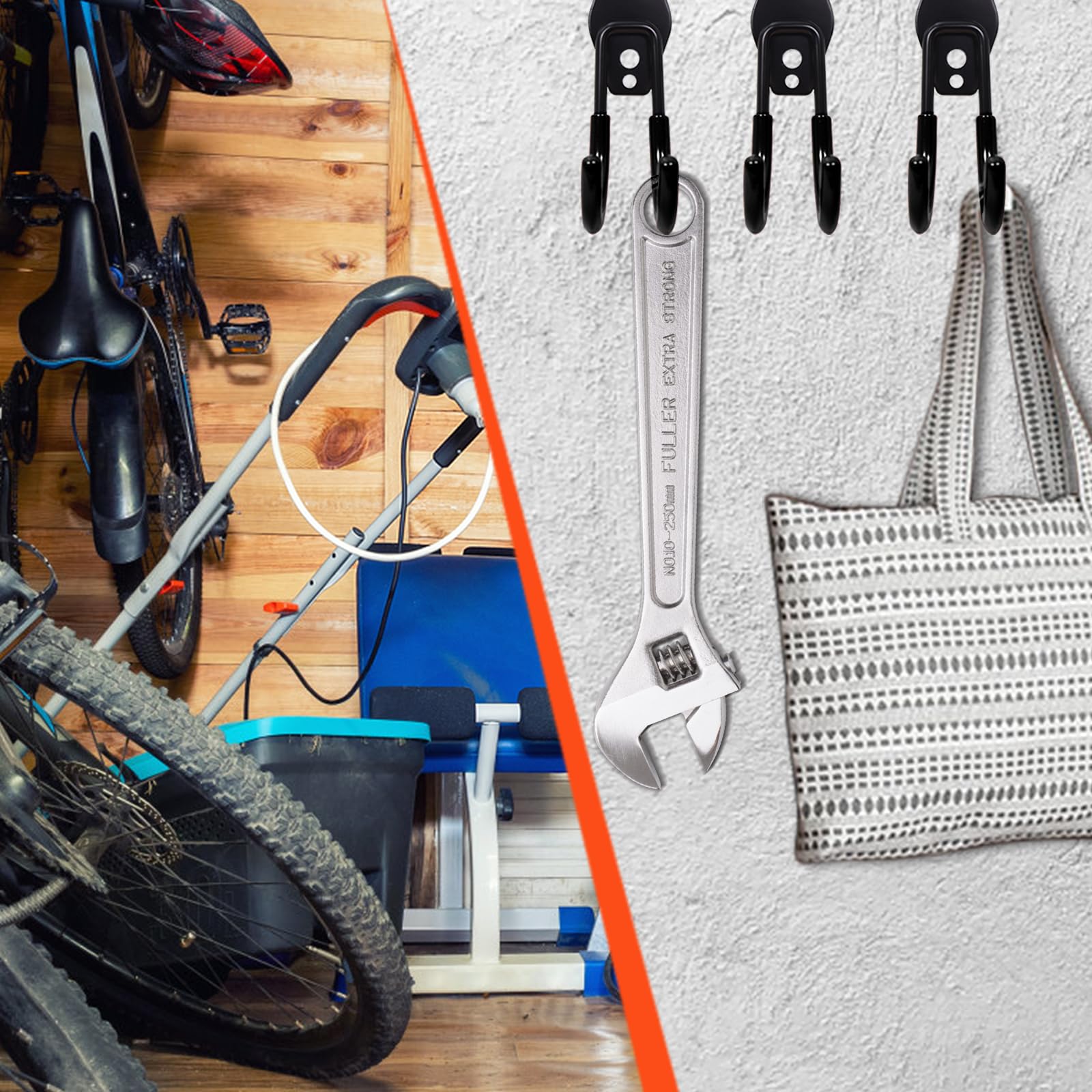 Lot de 15 crochets de garage robustes, système de rangement pour outils de jardin, échelles, vélos, tuyaux d'arrosage, avec revêtement antidérapant et fixation murale