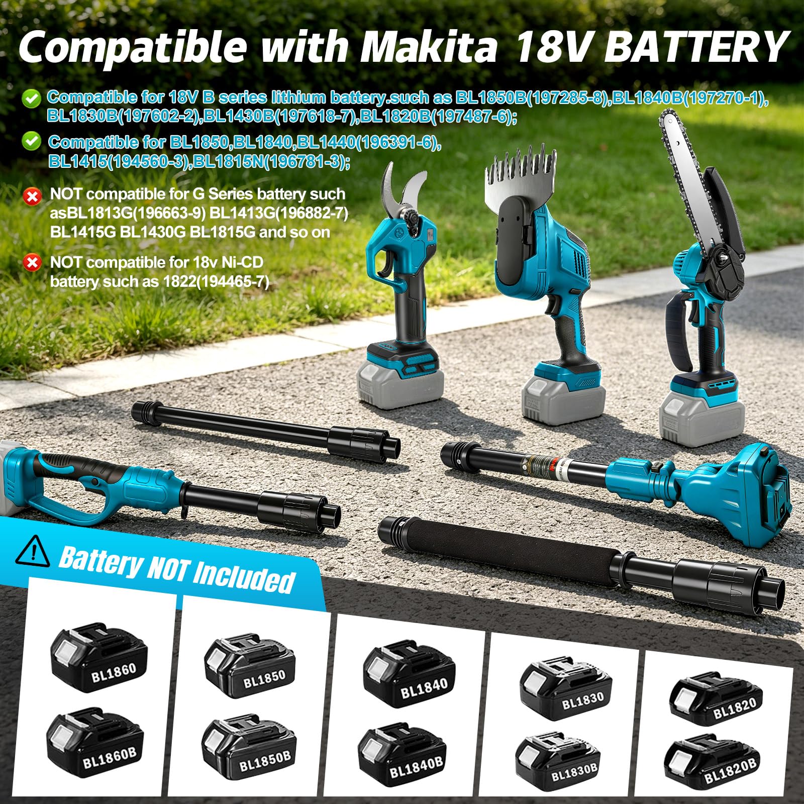 Akku-Teleskop-Kettensäge Heckenschere und Gartenschere Kombiset kompatibel mit Makita 18V, Ausziehbares Baumbeschneidungs-Werkzeugset zum Schneiden von Ästen und Bäumen (ohne Akku)