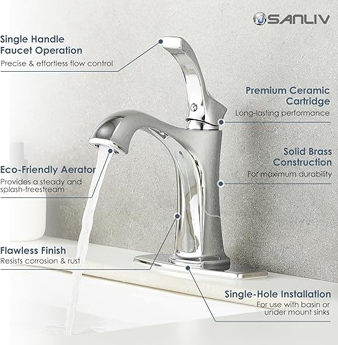 Vista 13 de Brushed Nickel Bathroom Faucet, Sanliv Single Handle Centerset Bathroom Sink Faucet with Pop-Up Drain & Deck Plate for 1 or 3-Hole (4 inch)