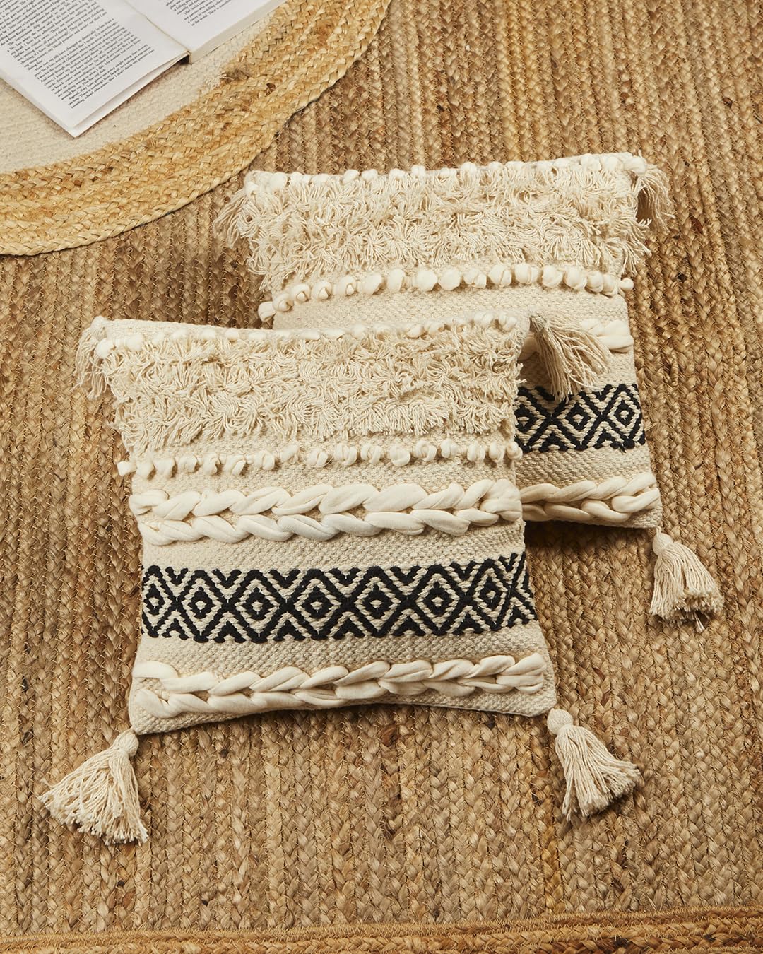 JutiePie Cotton Cushion Covers Pack of 2 Pieces | 12x12 Inch Beige and Black Textured Handloom with Tassels | Square Pillow Covers for Sofa, Diwan, Living Room, Bedroom, Chair-image-28