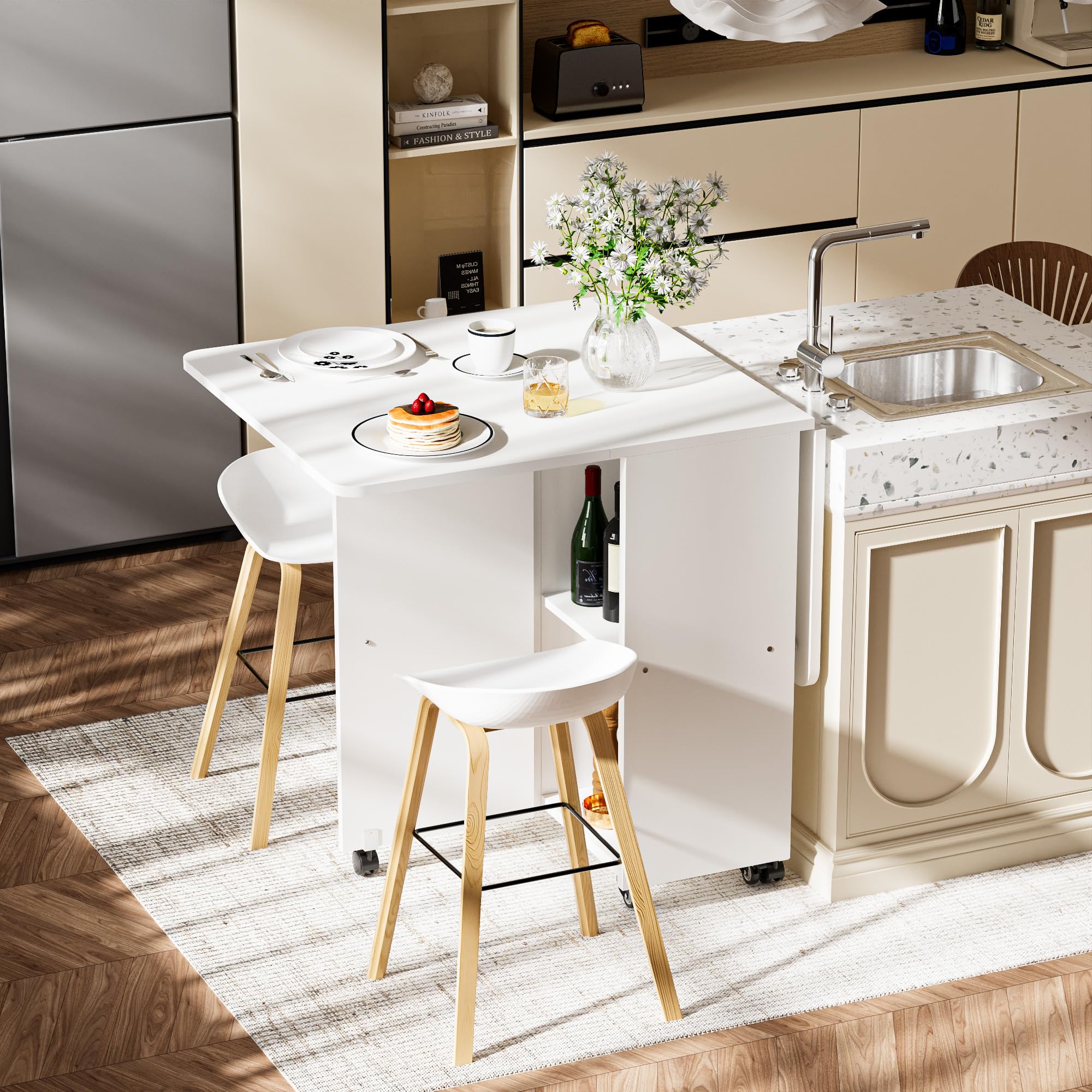 Mesa de comedor plegable con ruedas, mesa de cocina para 4 a 6 personas con gran mueble de almacenamiento, ideal pequeño espacio de cocina, comedor, 120 x 70 cm, color blanco