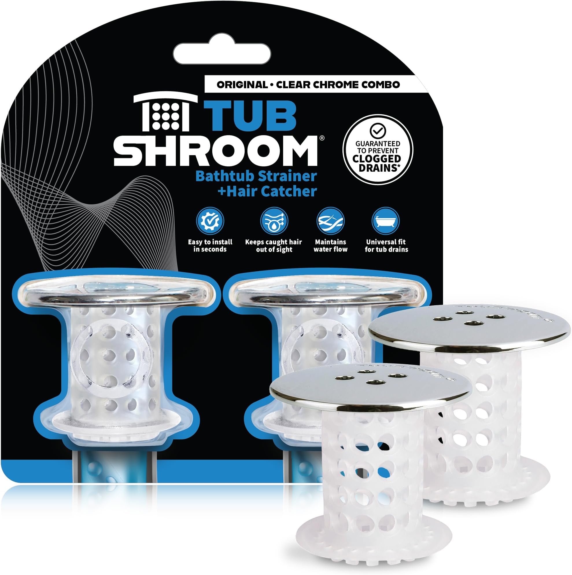TubShroom Chrome Edition Revolutionary Tub Drain Protector Hair Catcher, Strainer, Snare, 2 Pack