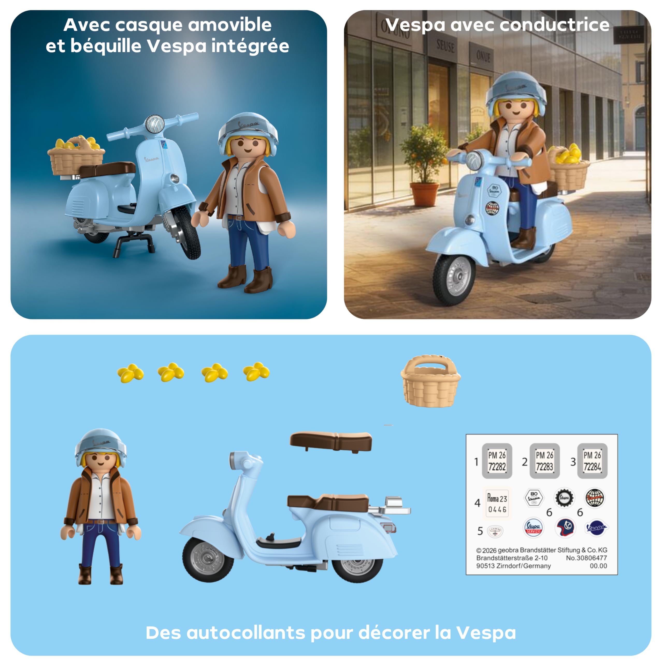 Playmobil – Vespa 80 Ans Blue Clair – Figurine Tendance, Panier, Citrons Et Autocollants – Jouet De Collection Dès 5 Ans (72284)