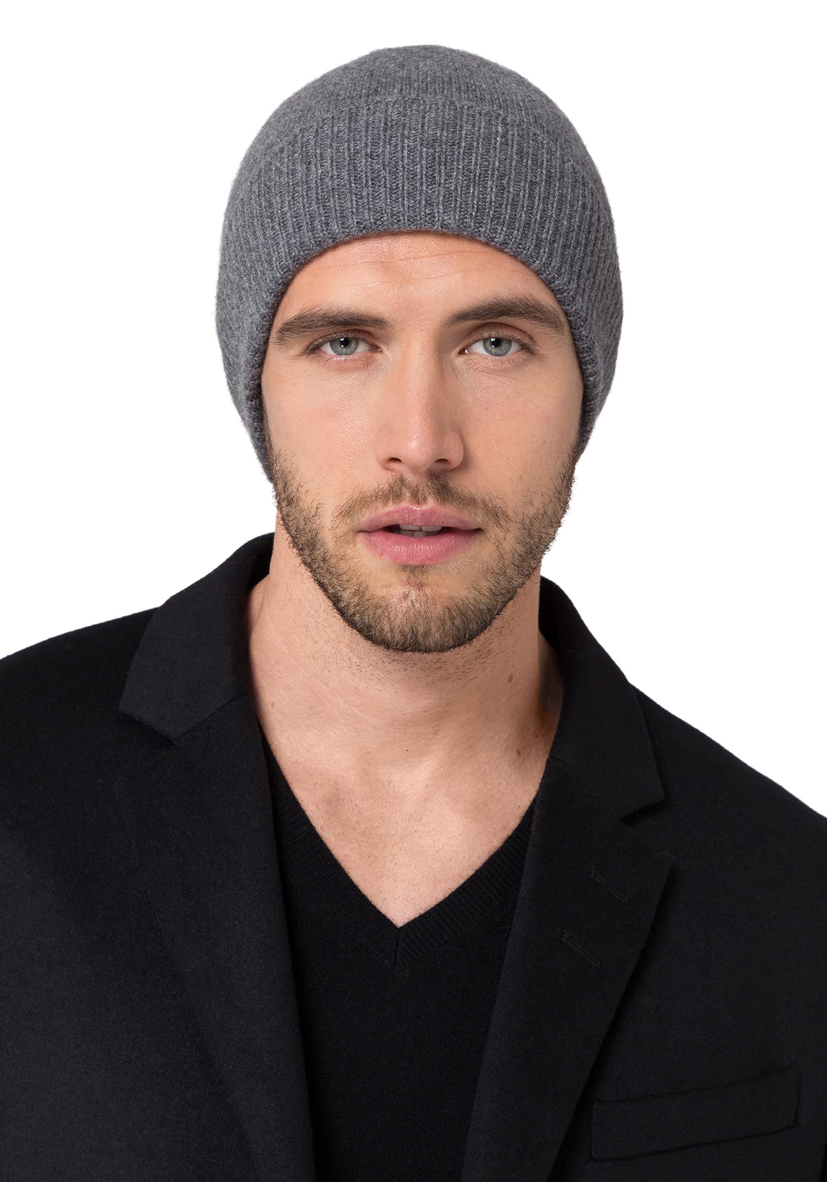 Style Republic Men’s Ribbed Edge Beanie, 100% Cashmere, Soft & Stretchy, Warm Hat for Winter
