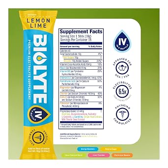 BIOLYTE IV Electrolyte Powder Packets, IV Liquid Drink Mix for Water, Doctor-Developed Hydration, Approved Dehydration Relief, Chemotherapy Must Haves for Women & Men- Lemon Lime (16 Sticks)