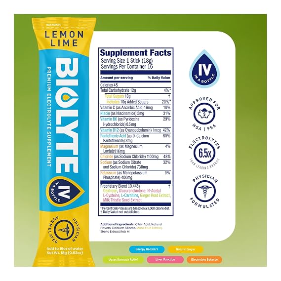 BIOLYTE IV Electrolyte Powder Packets, IV Liquid Drink Mix for Water, Doctor-Developed Hydration, Approved Dehydration Relief, Chemotherapy Must Haves for Women & Men- Lemon Lime (16 Sticks)