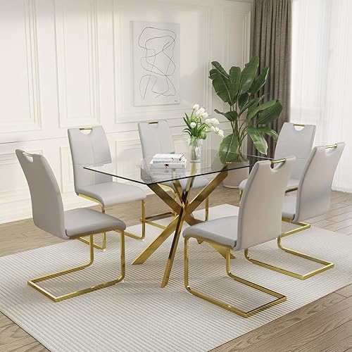 Miniatura 16 de Juego de mesa de comedor de vidrio de 51.18 pulgadas de ancho para 4, mesa de cocina rectangular moderna de vidrio con patas de metal dorado, 4 Mesa