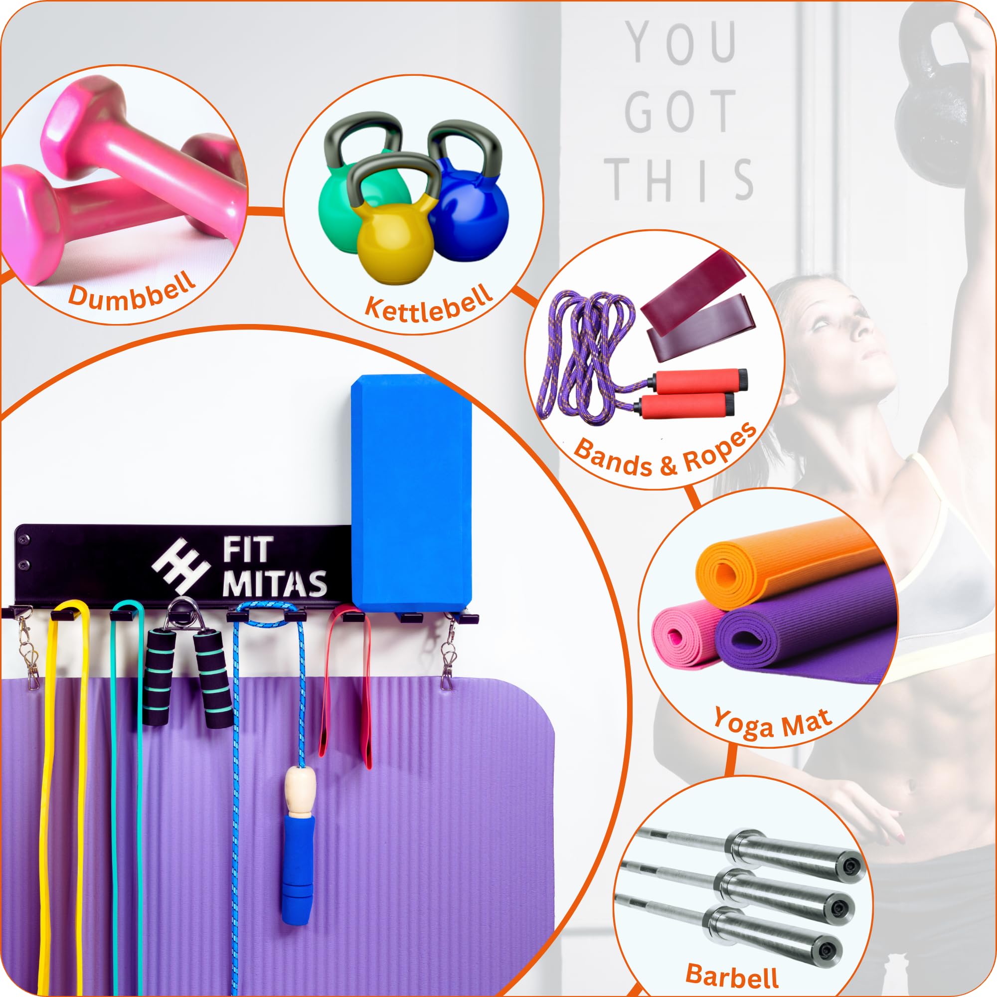 Supporto per Materiale Sportivo | Rack di Stoccaggio Pesi | Organizzatore Rack Palestra | Supporto Tappetino Yoga | Supporto da Parete per Fasce Elastiche | Organizer per Barre Pesi e Manubri