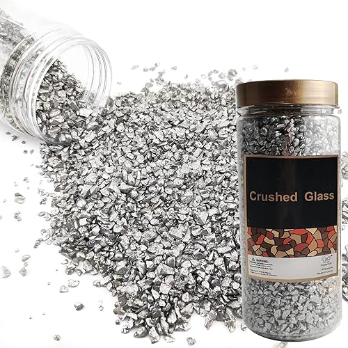 HappyFiller Decoración de boda de cristal plateado triturado arena perlada grava reflectante piedra de guijarro 1.3 libras (1.5 taza) para arte de
