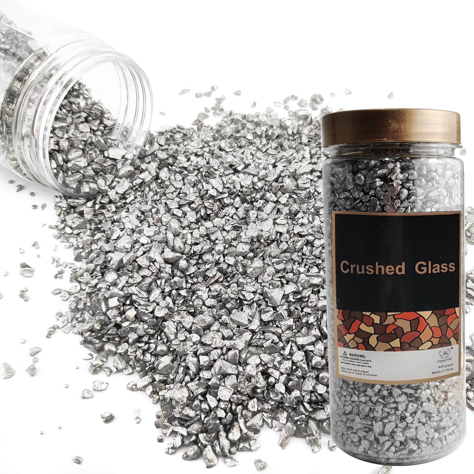 HappyFiller Christmas Decoration 1.3 LB Metallic Silver Crushed Glass Sand Pearlized Gravel Small Pebble Stone for Crafts,Resin Arts,Home Accents,Wedding Centerpieces,Table Scatter,Candle Holder