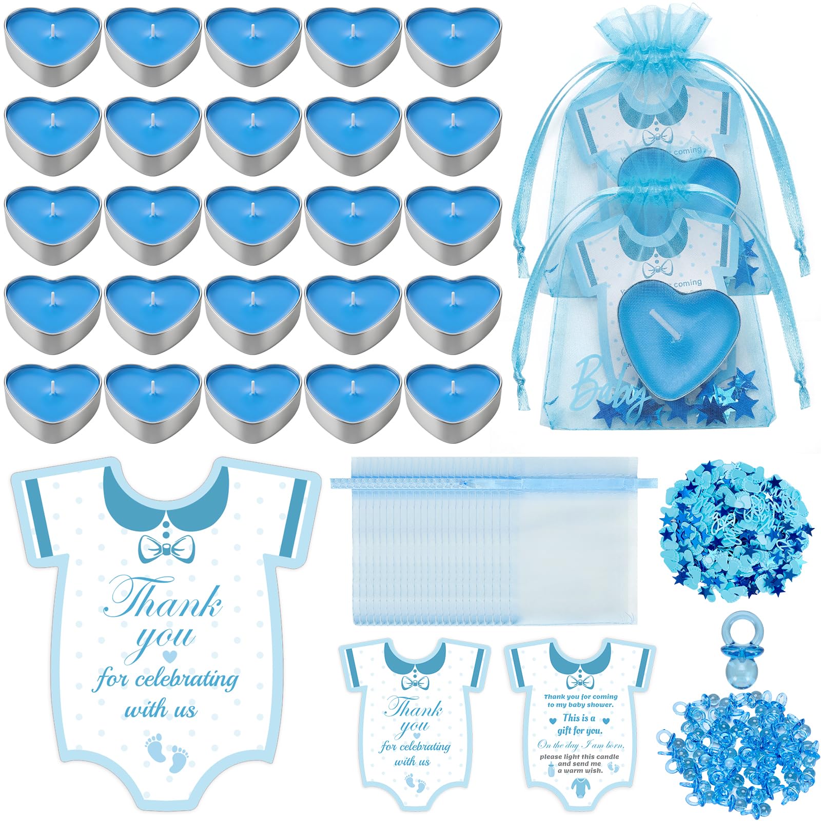 Defresit 50 Sets Baby Shower Favors Tea Light Candles for Guest Cute Boy Baby Shower Party Favors Gifts with Thank Cards Gender Reveal Party Favors,Super combination Blue