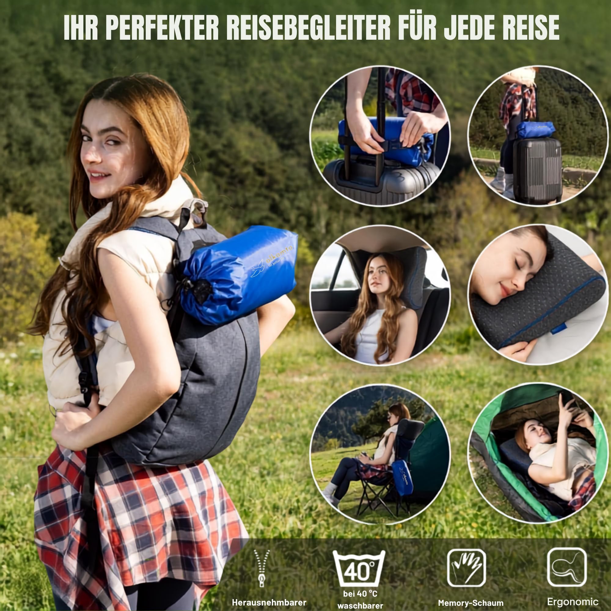 alkamto Almohada de viaje y camping de espuma viscoelástica, cómoda almohada cervical con bolsa de transporte – Funda de almohada de regulación de temperatura – perfecta para viajes