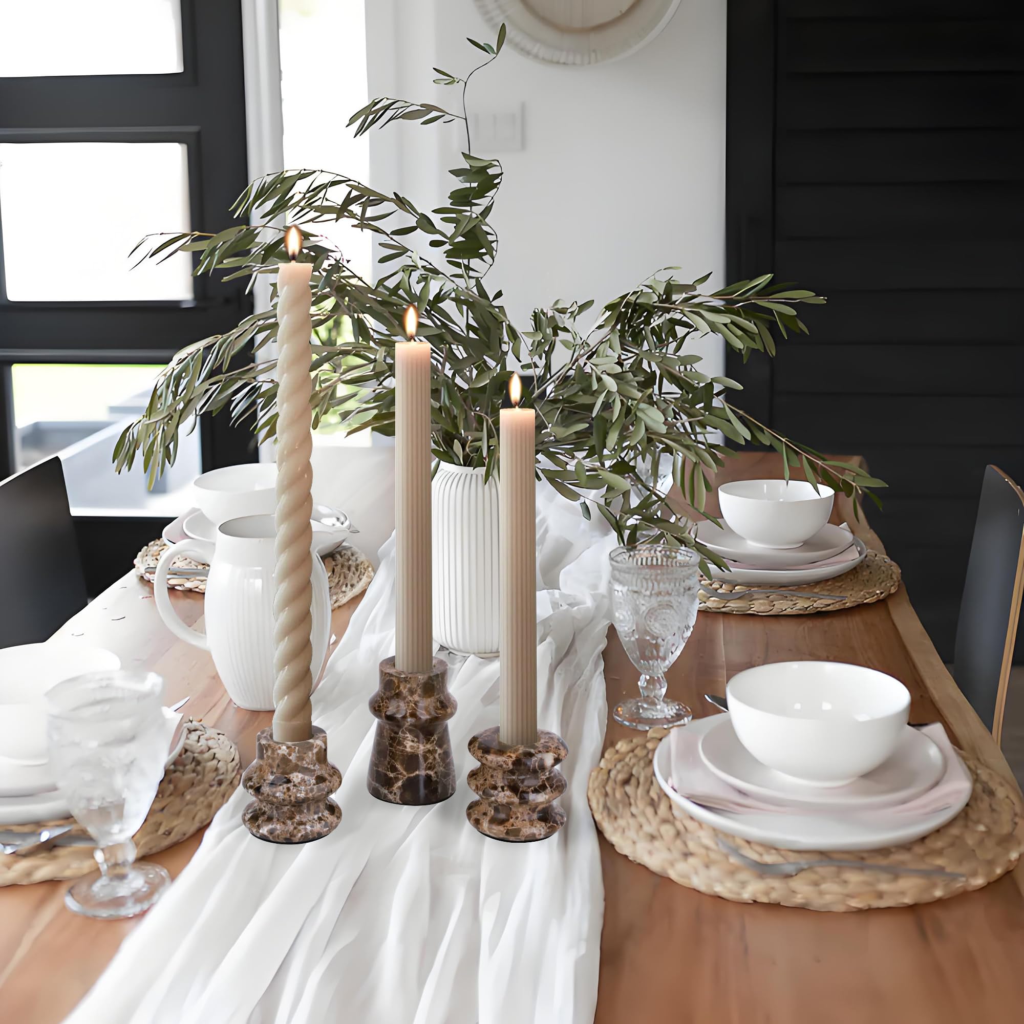 Vixdonos Kerzenhalter aus Marmor, 3er-Set, Spitzkerzenständer, Kaminsims, Kerzenständer für Heimdekoration, Hochzeit, Party und Tischdekoration (braun)