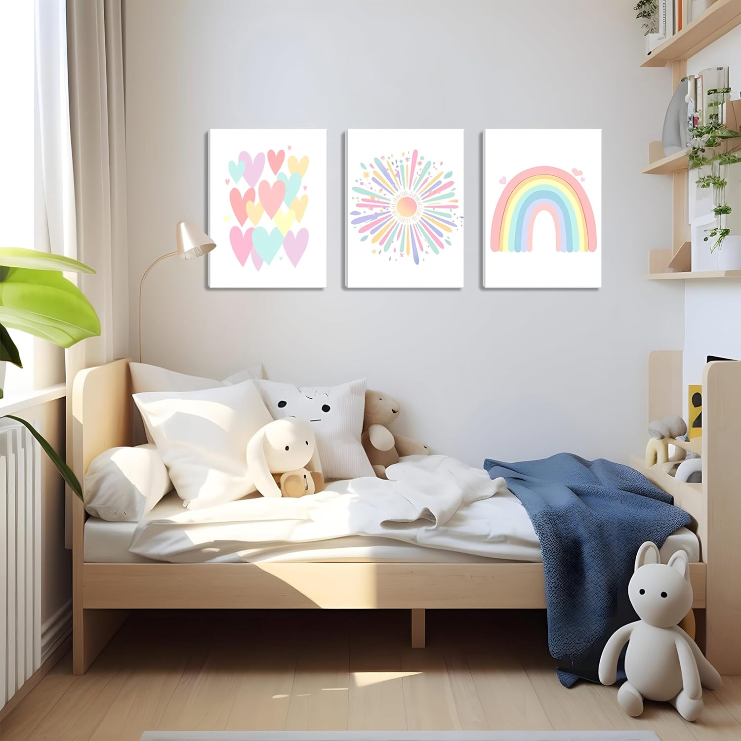 Framed Girls Rainbow Canvas Wall Art Set of 3, Colorful Boho Sun Nursery Wall Decor Painting, Kids Heart Picture Posters Prints for Classroom Kids Room Baby Room Bedroom Dorm Decor 16x24 In