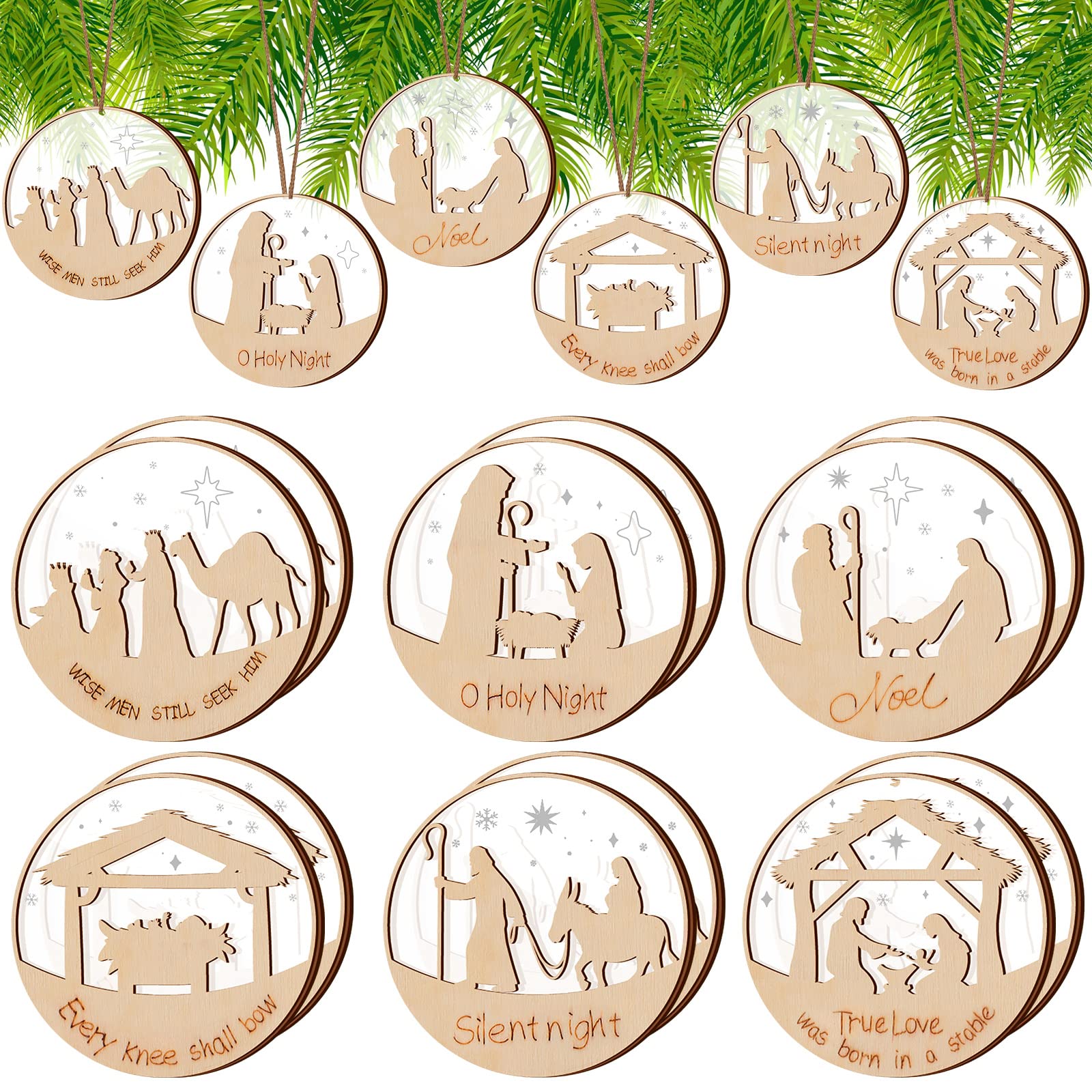 BBTO Nativity Scene Christmas Tree Ornament Round Wooden Decorations Jesus Ornaments Decorative Hanging for Xmas Outdoor Home Decor, 6 Styles (12)