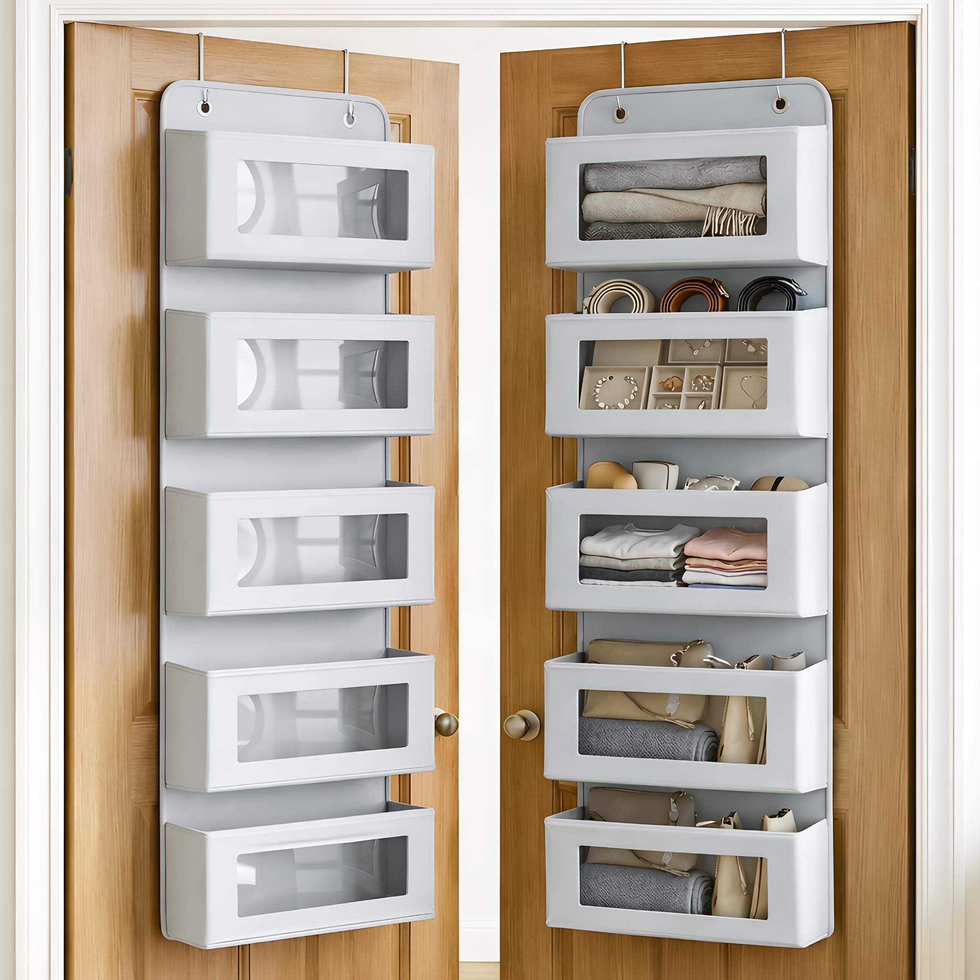 CLAPONE Over the Door Organizer/Large Pockets – Anti-Tilt Hanging Storage for Bedroom/Closet Door Storage/Bathroom/Pantry/Nursery/Bedroom (Grey, 5 Shelf Hanging Door)-image-22