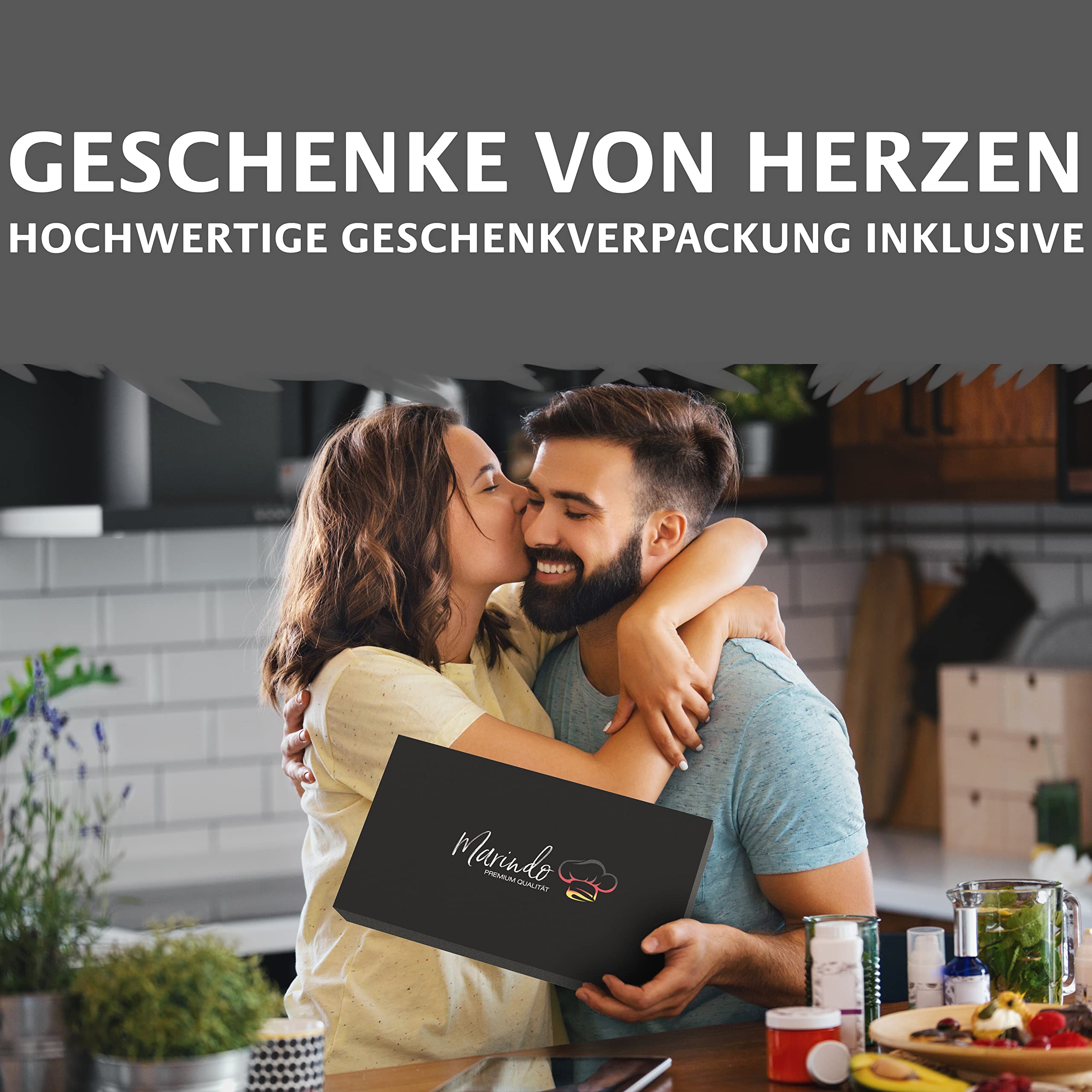 MARINDO Schneidebrett mit 4x Auffangschalen inkl. Saftrille | Schneidbrett aus Bambus | Auffangwannen aus Edelstahl | Servierbett in Holz Optik | Cutting Board inkl. Geschenkverpackung