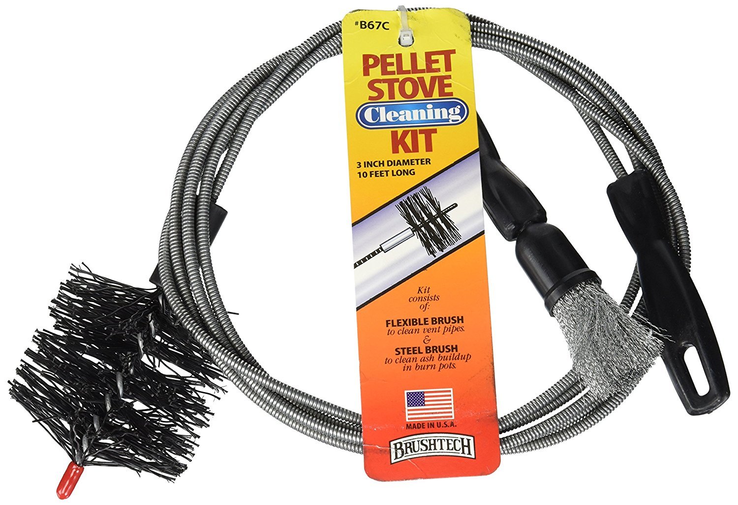 Brushtech Pellet Stove Cleaning Brush Kit - 10-Foot Non-Kinking Spring Brush for 3-Inch Vent Pipes with Bonus Steel Ash Brush - Safe Airflow Maintenance for Stove Pipes