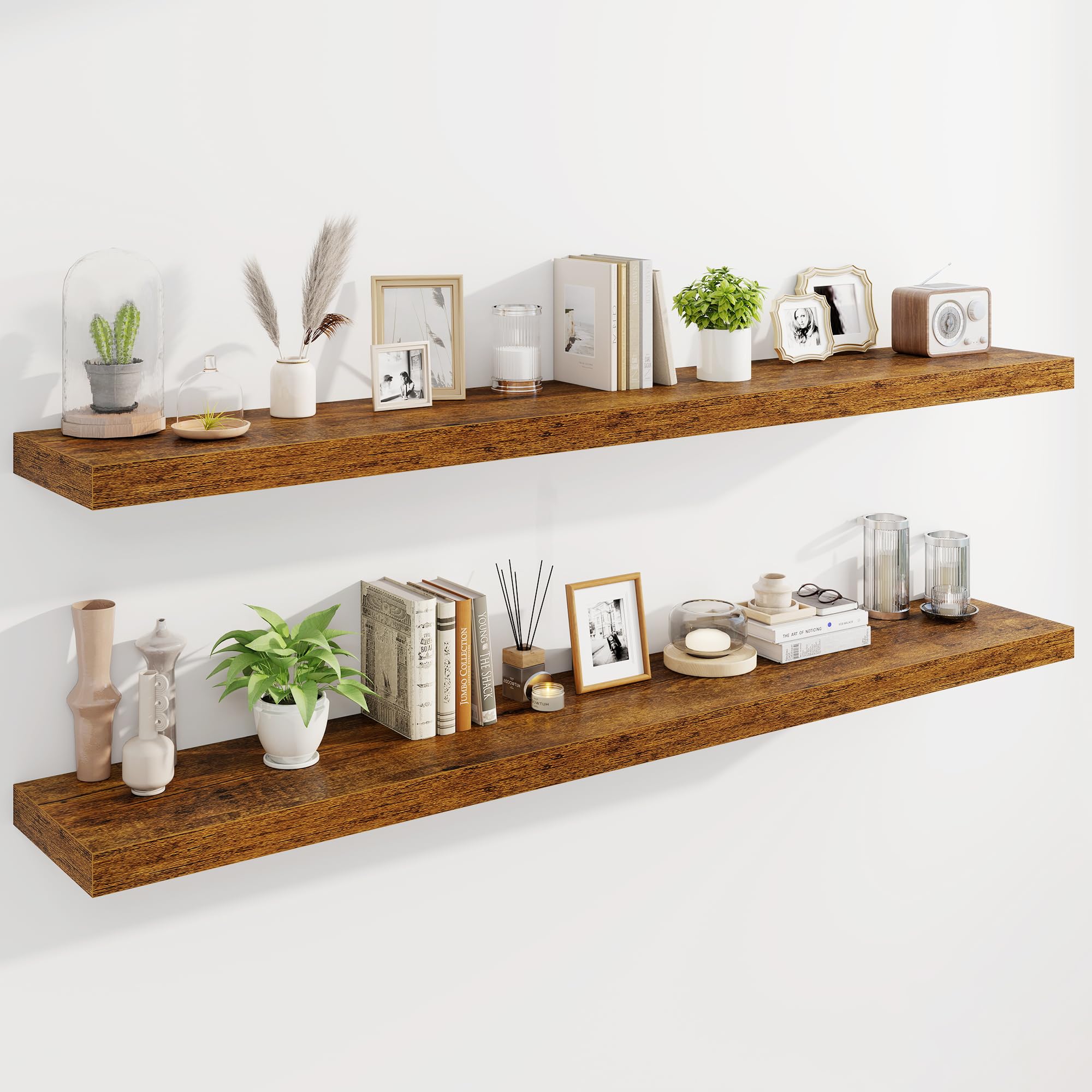 marsmiles 72" floating shelves for wall, wooden shelves with invisible brackets set of 2, rustic farmhouse wall mounted shelf for kitchen bathroom living room study, rustic brown