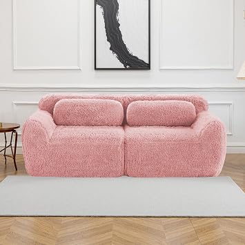 Comfy Loveseat Sofa,Upholstered Plush Fabric 2 Seater Cloud Couch with Pillows and Armrests,No Assembly Required Boneless Couch for Living Room, Apartment Pink
