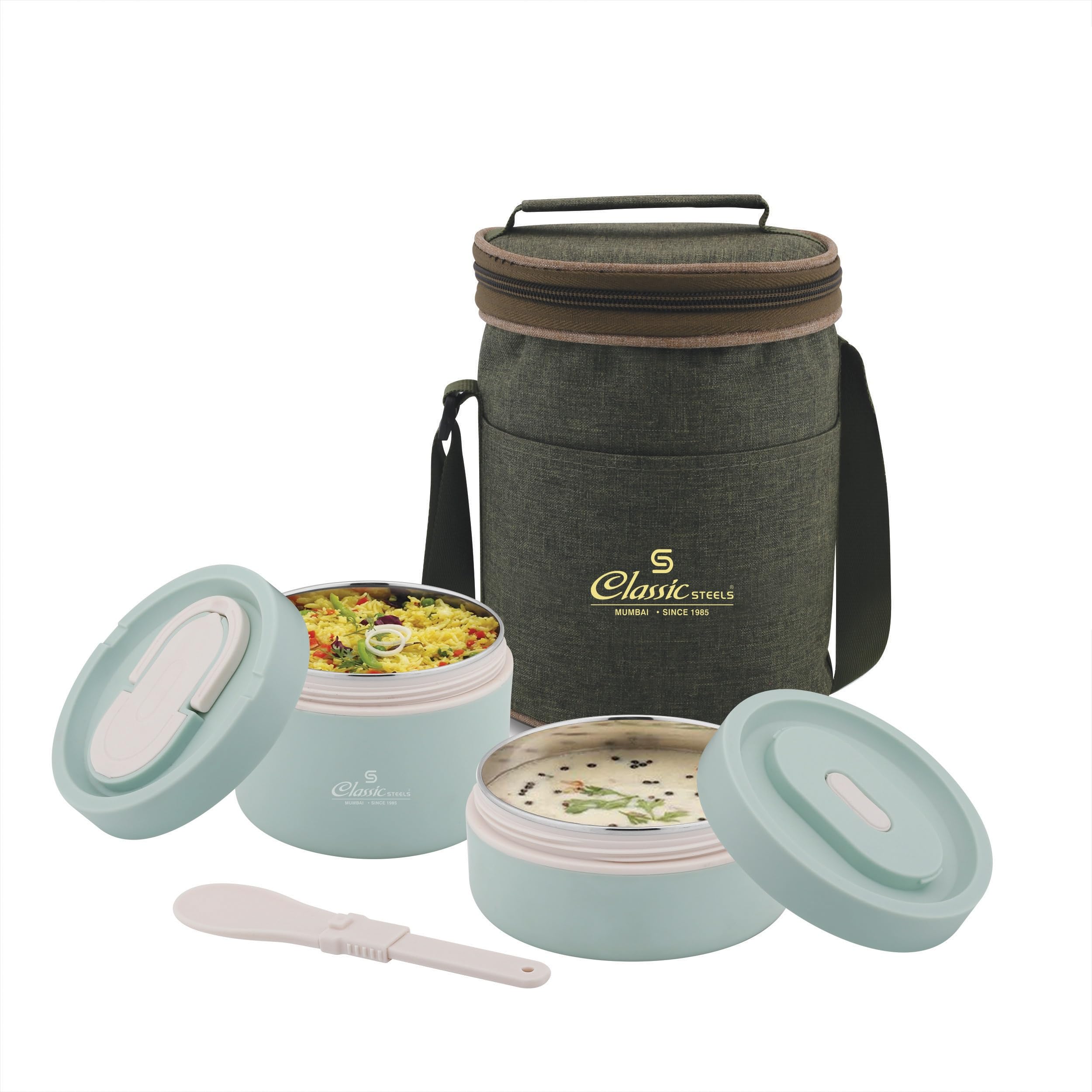 Classic Steels Sattvic Insulated Stainless Steel Lunch Box 2 Round Containers 350 ml Each & 1 Foldable Spoon | Microwave Safe | Leak Proof Air Tight Lunch Box | Hot Lunch Box (B0CTXP574C) Amazon Price History, Amazon Price Tracker