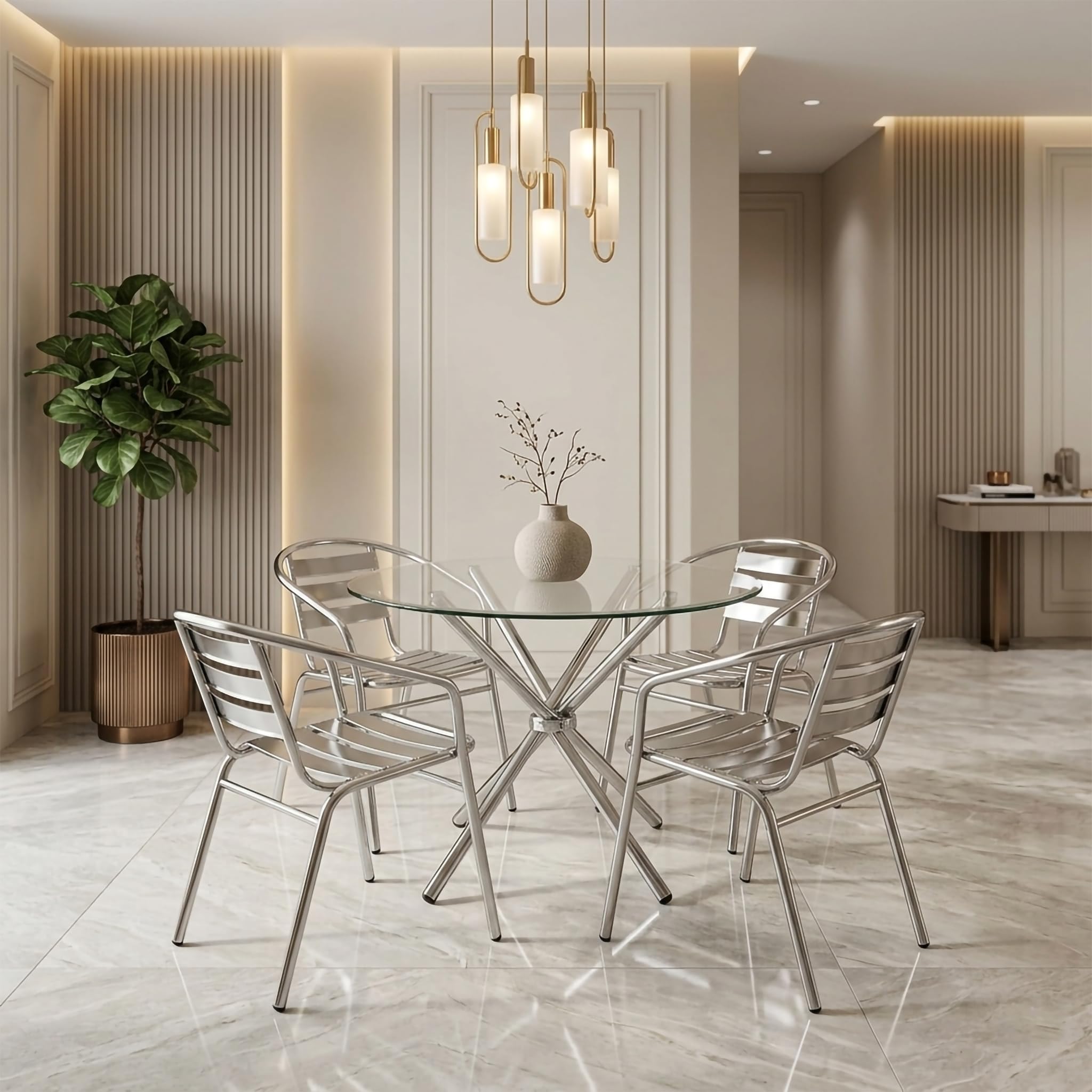 Round Glass Dining Table Set 4 Seater 36 Inch with 12 mm Toughened Glass Top Stainless Steel Grade 202 Base with 4 Stackable Chairs for Dining Room Cafe (Full Steel Chairs)-image-47