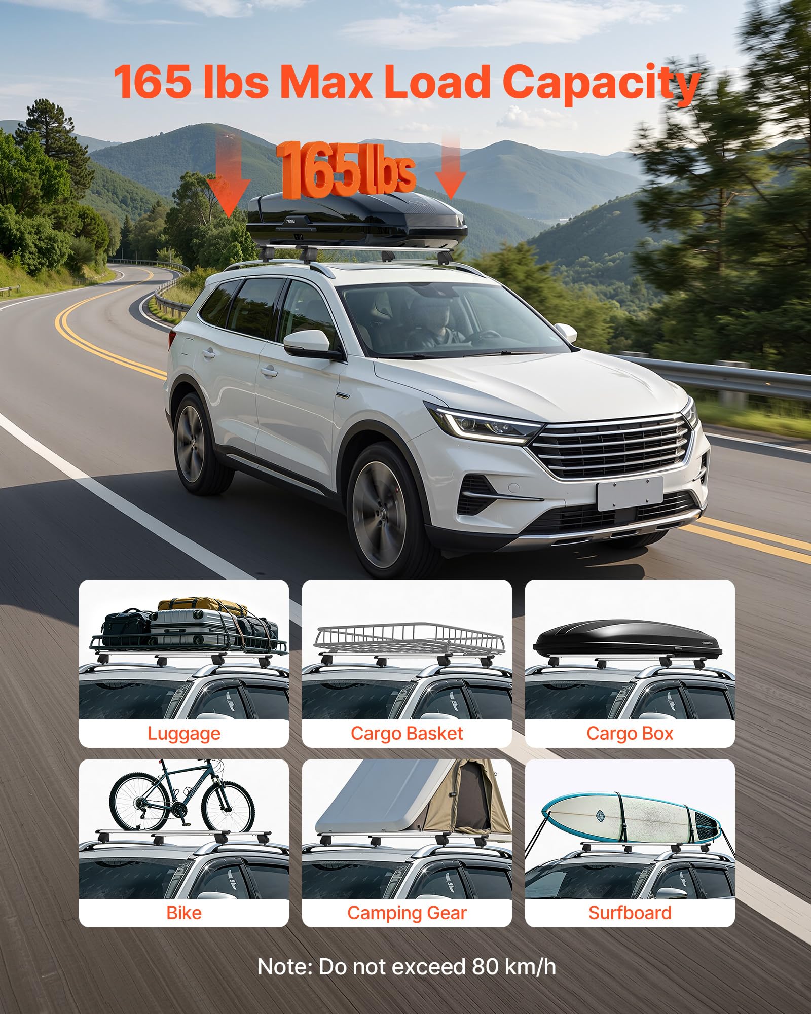 VEVOR Barre Trasversali da Tetto per Auto SUV, Portapacchi da Tetto Auto Carico max 90 kg Lunghezza 1200 mm, Barre 2 pezzi per Porta Bagagli Universali in Alluminio Bici Viaggio Campeggio Pesca