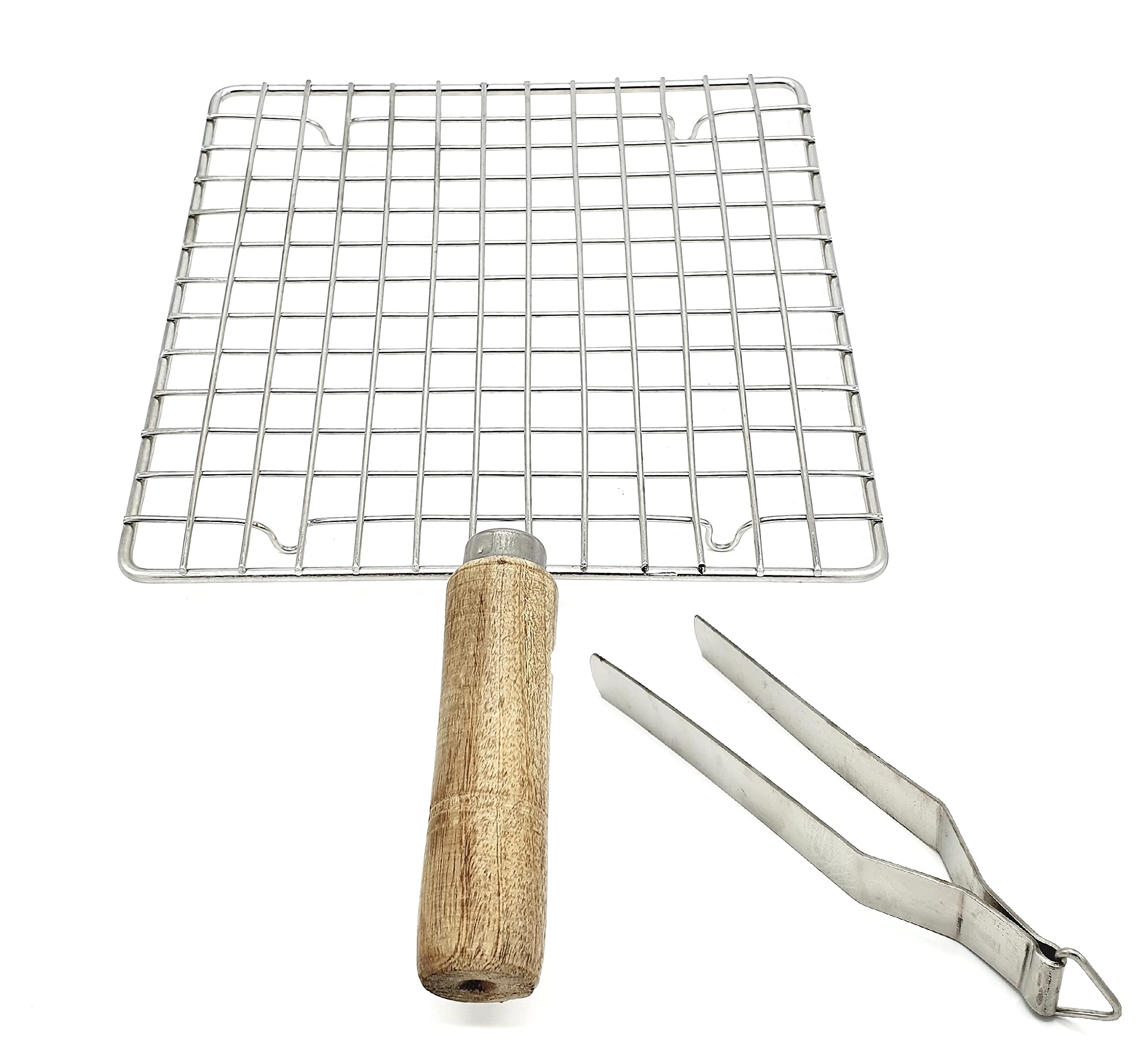 Maskey Premium Stainless Steel Food Grade Wooden Handle Square Roaster with Heavy SS Tong Papad Jali Grill Tandoor for Papad Barbeque Items Baingan Bharta Pizza Roti Toast Etc-image-6
