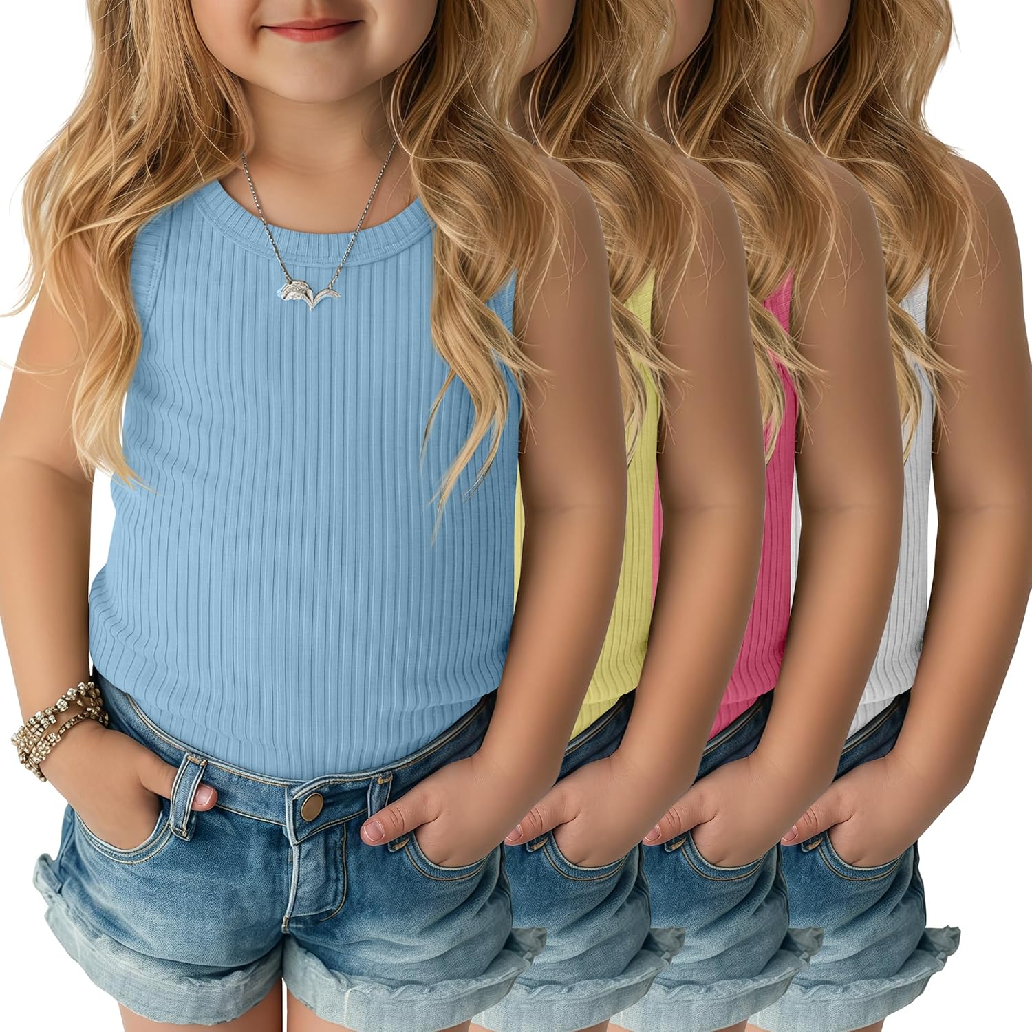 4 Pack Toddler Girls Cotton Tank Tops Kids Ribbed Crew Neck Fitted Sleeveless Shirts Cute Summer Undershirts 18M-5T