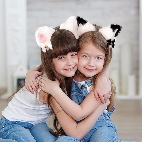 Miniatura 7 de Whaline 3 diademas de orejas de gato con collar de gargantilla, color blanco y negro, banda de pelo de orejas de gato peludas con campana de lazo de