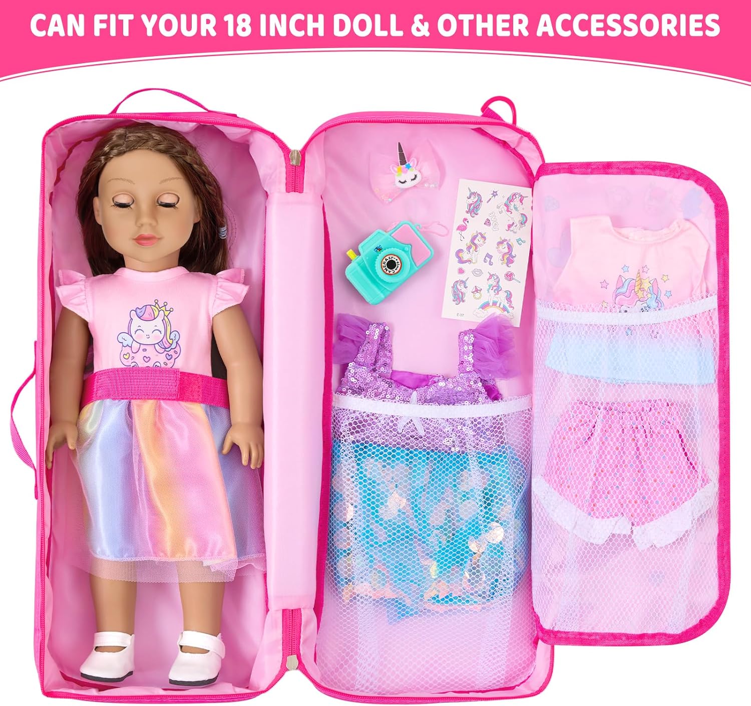 18 Inch Doll Storage Bag - 5PCS Unicorn Theme 18In Doll Accessories Set with Rainbow Dress, Hair Clip, Camera, Stickers & Fashion 18 Inch Dolls Carrier Bag | Perfect for 18" Dolls
