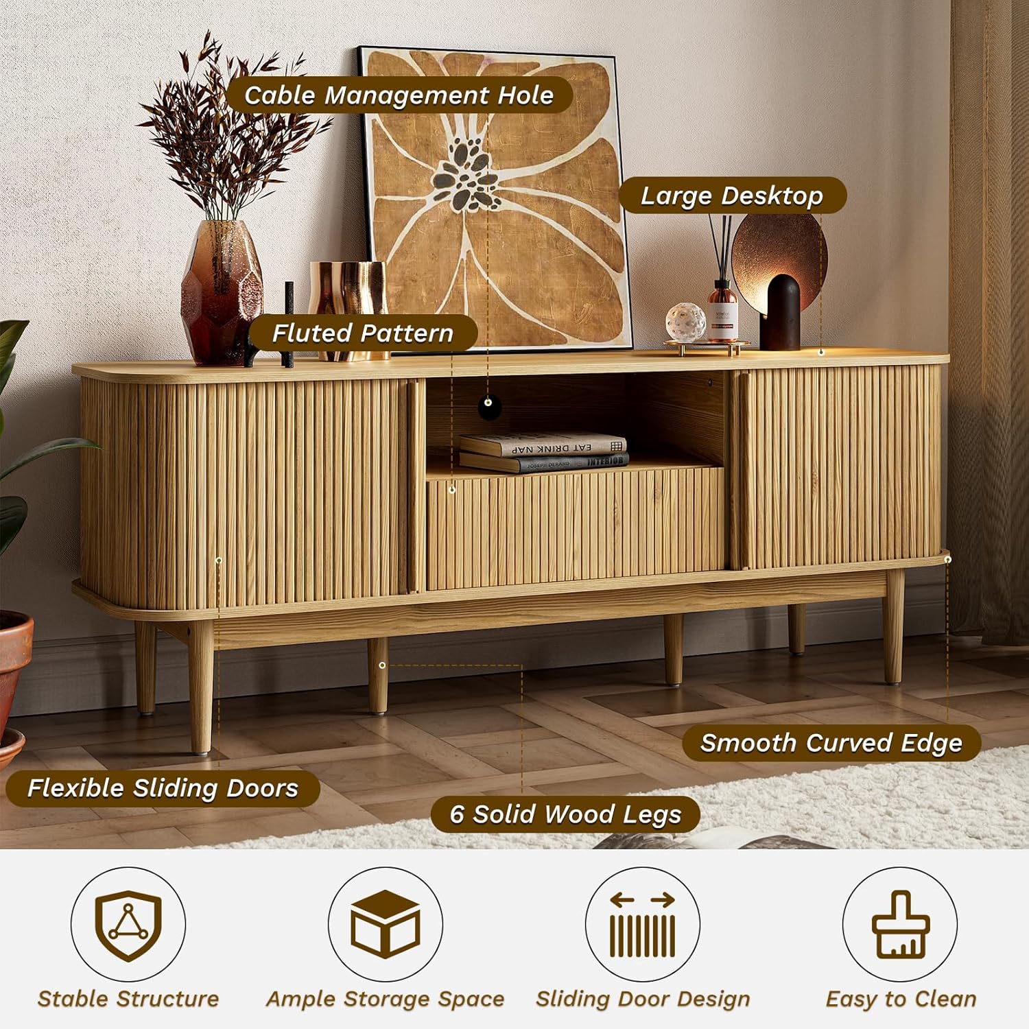 63" Tambour TV Stand for TVs up to 70'' - Natural Wood