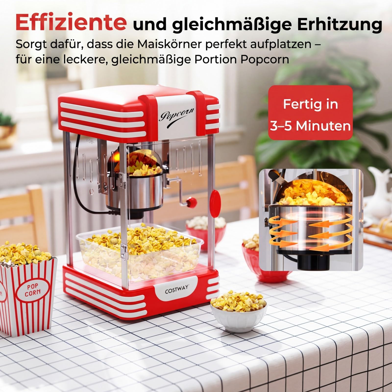 COSTWAY Retro Popcornmaschine, Popcorn maschine mit Warmhaltelicht & Edelstahlkessel & integriertes Rührsystem, Popcorn Maker im 50er still für Filmabende, Party, Rot