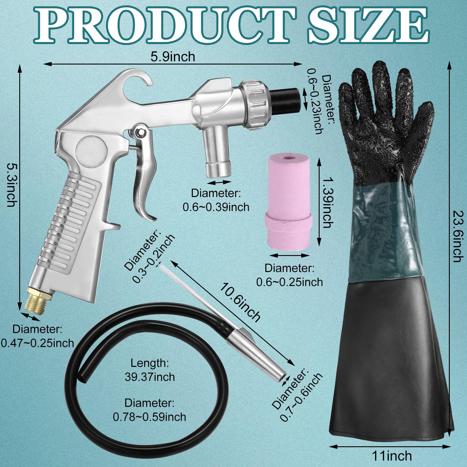 Halfchet Kit de 7 pistolas de arena, 1 par de guantes de goma para chorro de arena, kit de sifón, guantes de chorro de arena para eliminar el óxido abrasivo, gabinete de chorro de arena